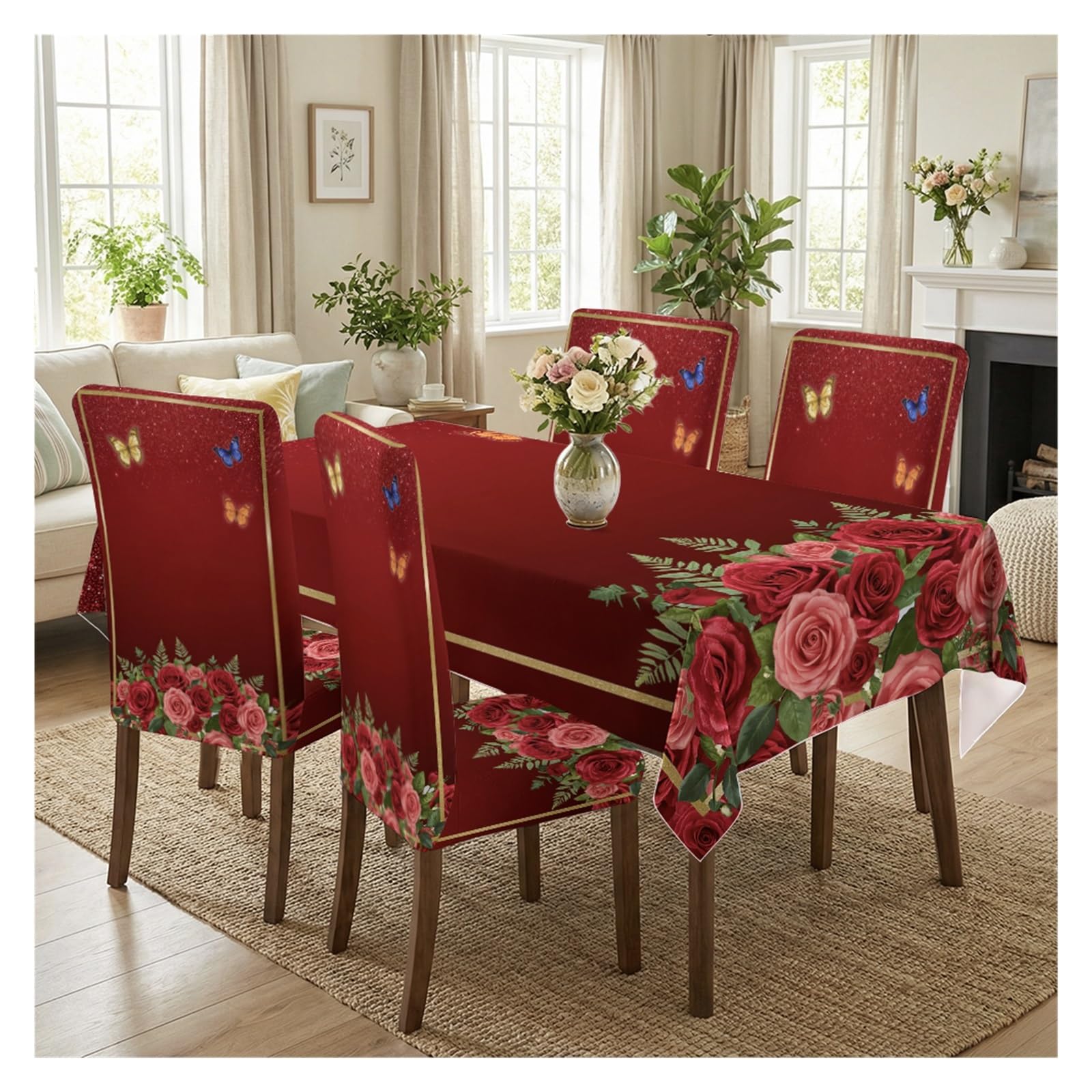 KXUAUV Red Rose & Butterfly Dining Chair Covers & Tablecloth Set, 5/7 Piece Festive Slipcovers With Glitter Accents For Romantic Home Decor Party Decor(5pcs Set: Tablecloth+Chair Covers)