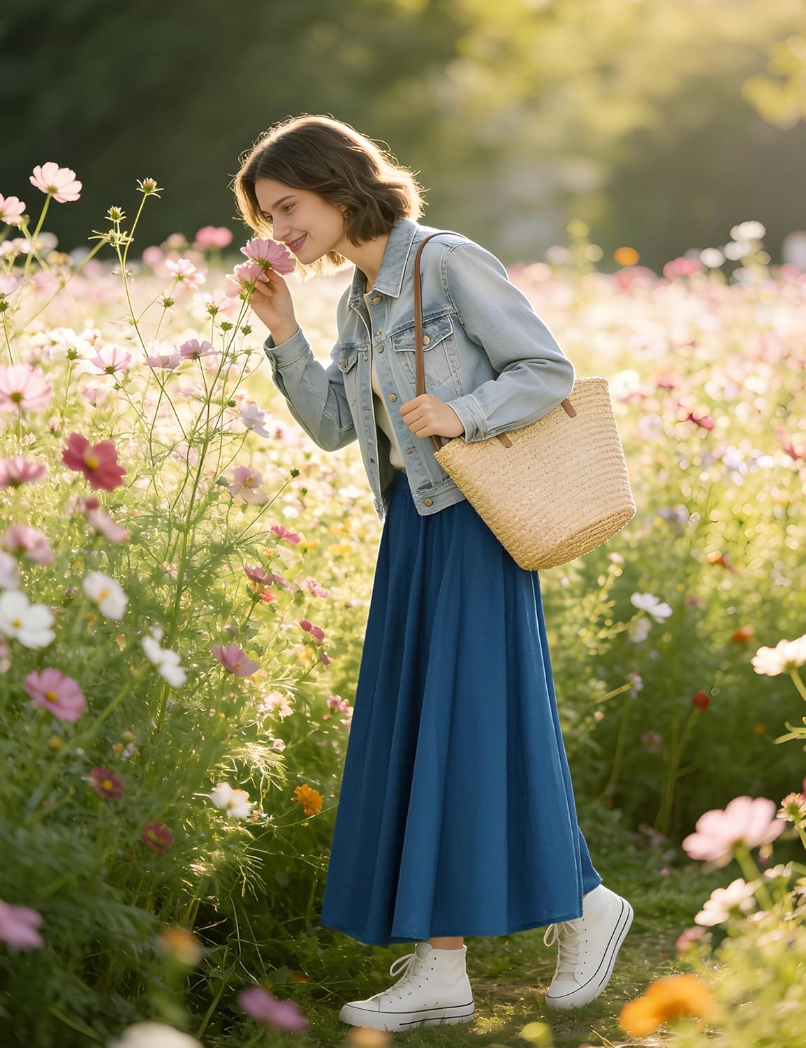 Soojun Women's Solid Cotton Linen Retro Vintage A-line Long Flowy Skirts - Image 3