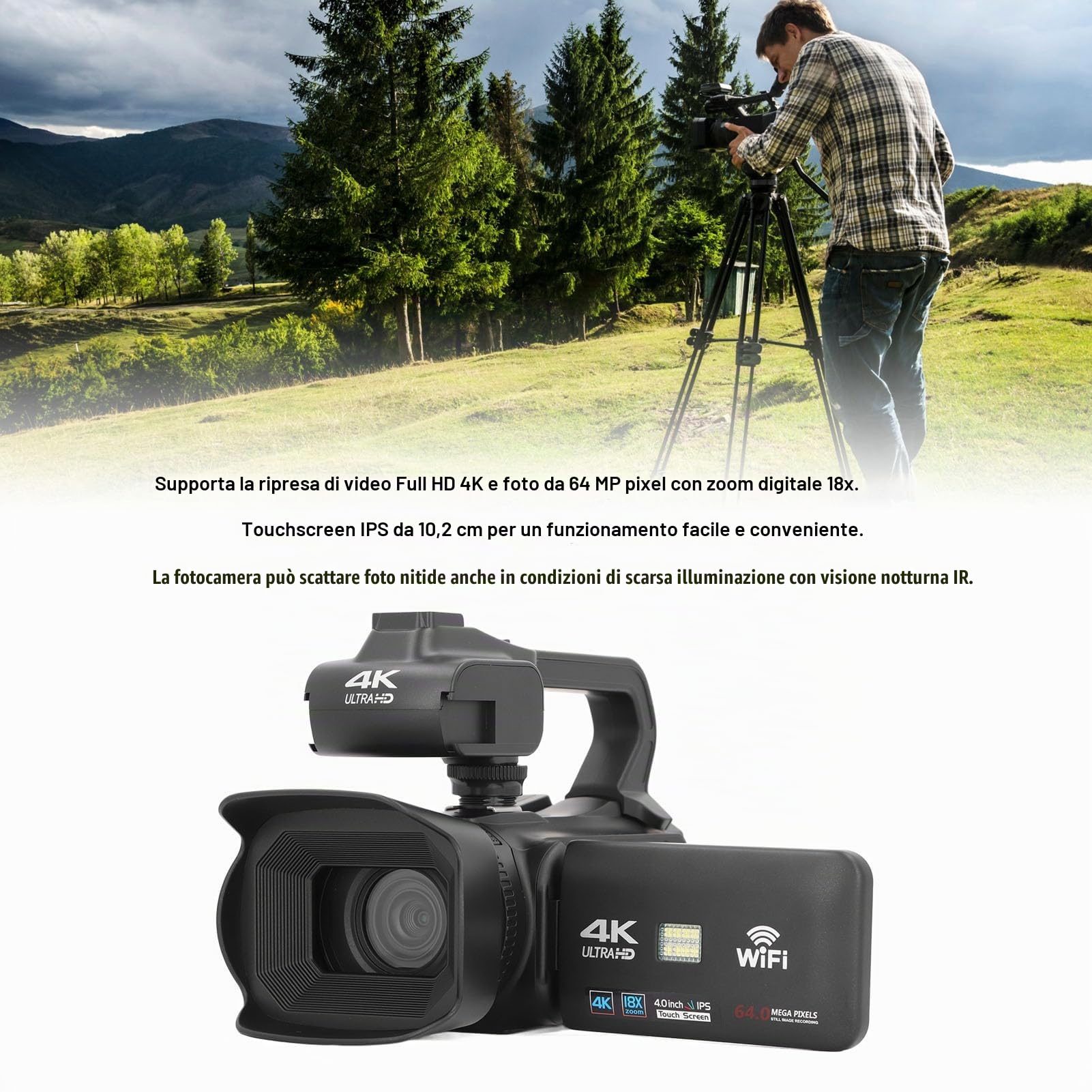 flexman Videocamera 4K Videocamera, 64MP 18X Zoom Digitale Touch Screen 4 pollici Visione notturna Vlog Camera con telecomando Microfono Luce riempimento Parasole Stabilizzatore