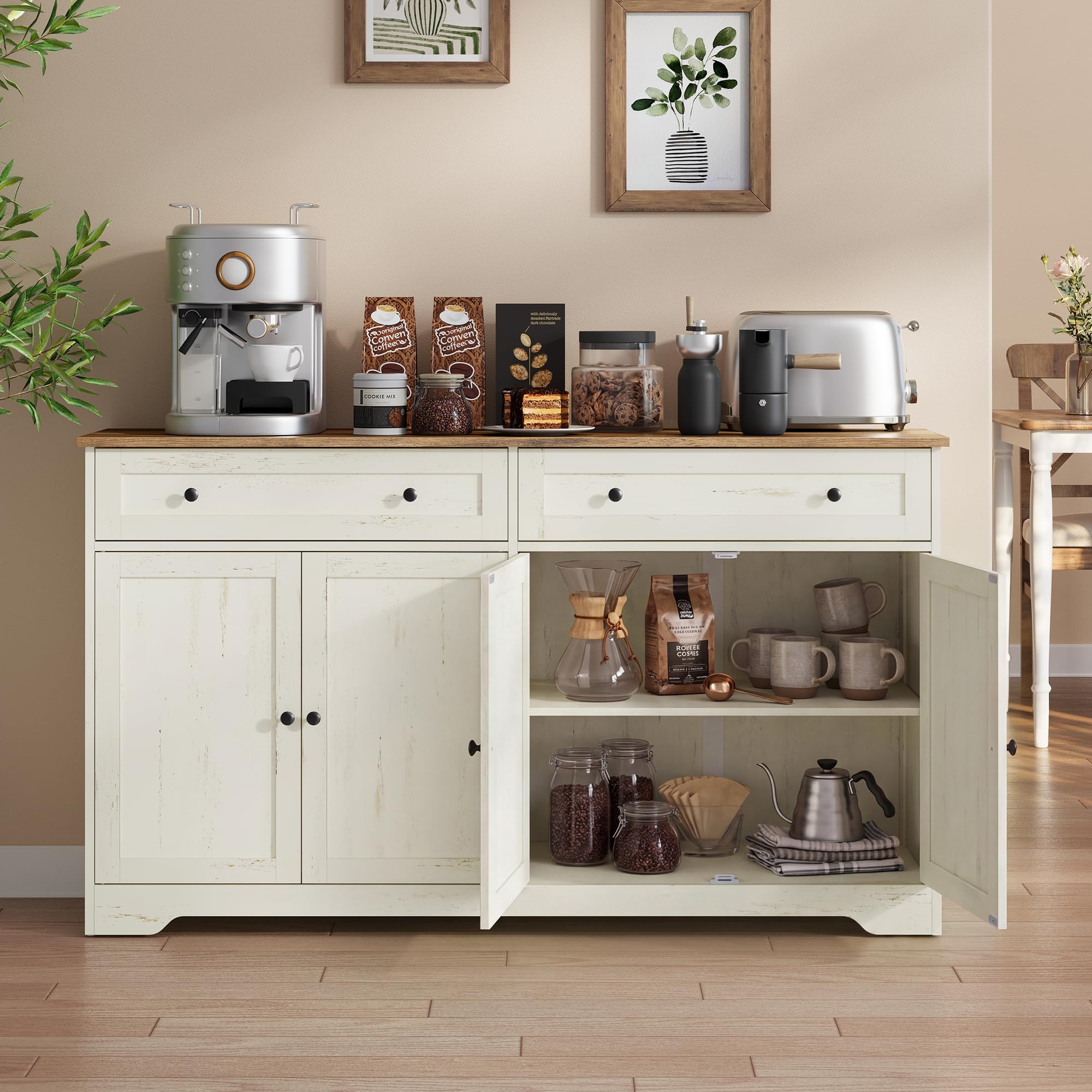 VASAGLE Siren Collection - Meuble de Rangement, Buffet de Cuisine, Style Maison de Campagne, avec 2 Tiroirs, Étagères Réglables, 4 Portes, Bar à Café, 40 x 140 x 80 cm, Blanc Rustique LSC541WJ01