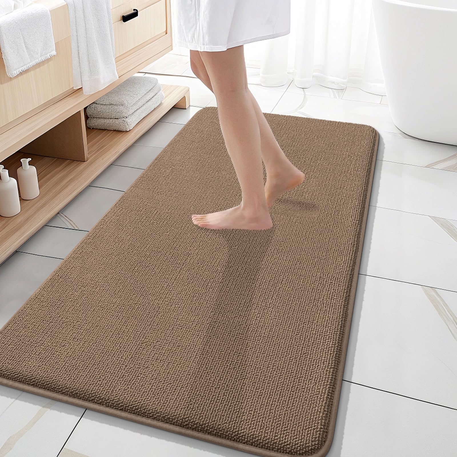OLANLY Memory Foam Bathroom Runner Rugs 47x20, Absorbent Long Mat, Mocha