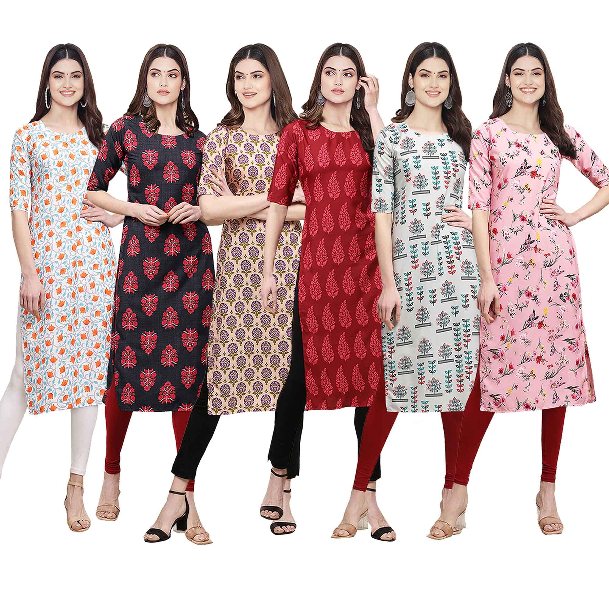 Pinkmint Women's Crepe Digital Print Straight Kurta [Pack Of 6] (Cke-334-345-332-337-340-339-L)