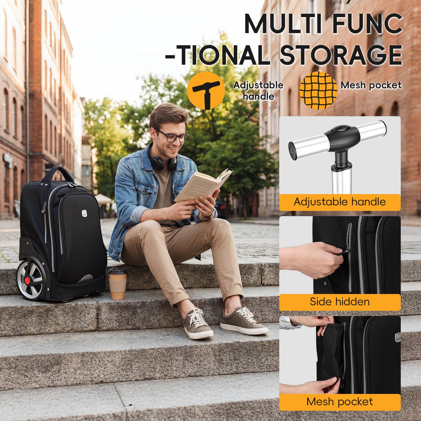 Reiserucksack mit Rollen, 48,3 cm Rolltasche, Laptop-Trolley-Trolley-Tasche, Handgepäck-Koffer für Erwachsene, Business, Uni, Arbeit, Übernachtungsrucksack, Schwarz , S, Klassisch