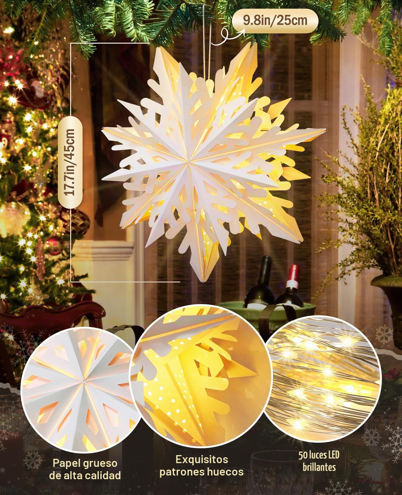 Luxspire Linterna Estrella de Papel de Navidad, 5 Pack Luces Colgantes de Copo de Nieve de Papel con Cuentas de Luz LED y Control Remoto, Linternas Decorativas Plegables para Fiestas Navideñas