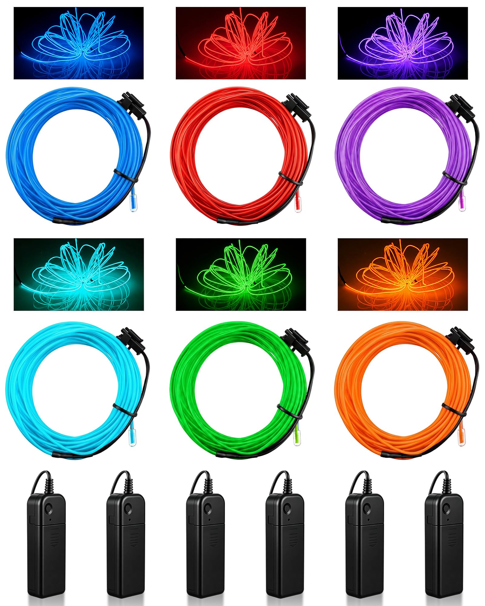 Konohan 6 Pack 16.4 ft El Wire Lights, Wearable LED Lights for Costume DIY