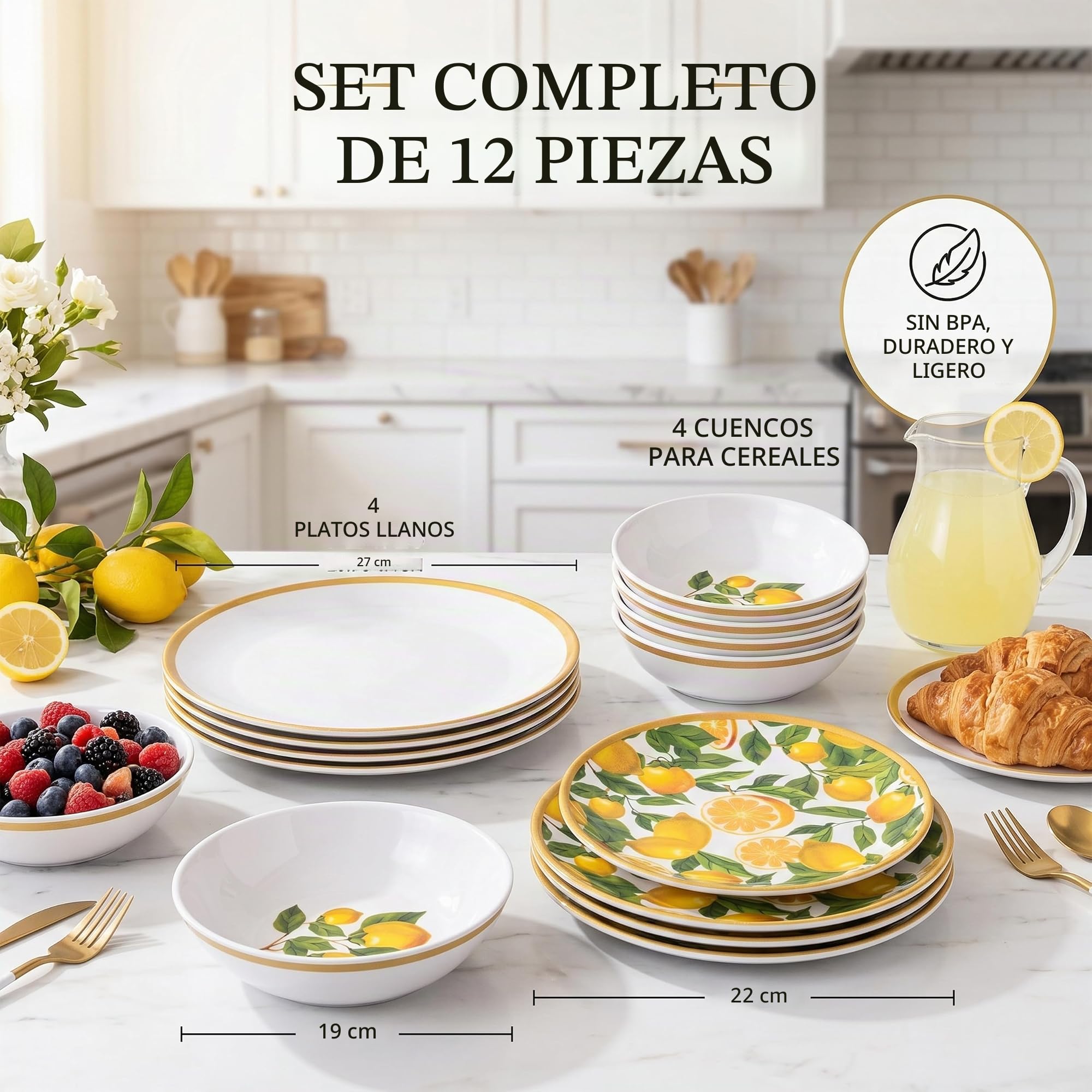 Vajilla de melamina de 12 piezas para 4 personas, diseño de limón, sin BPA, para interior y exterior