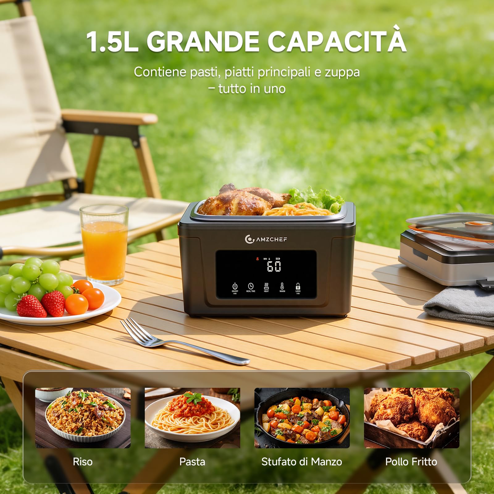 AMZCHEF Scaldavivande elettrico portatile con batteria da 18000 mAh 1,5 L– Riscaldamento 5 lati, timer e funzione mantieni caldo, ricarica rapida USB-C per ufficio, auto e cantieri