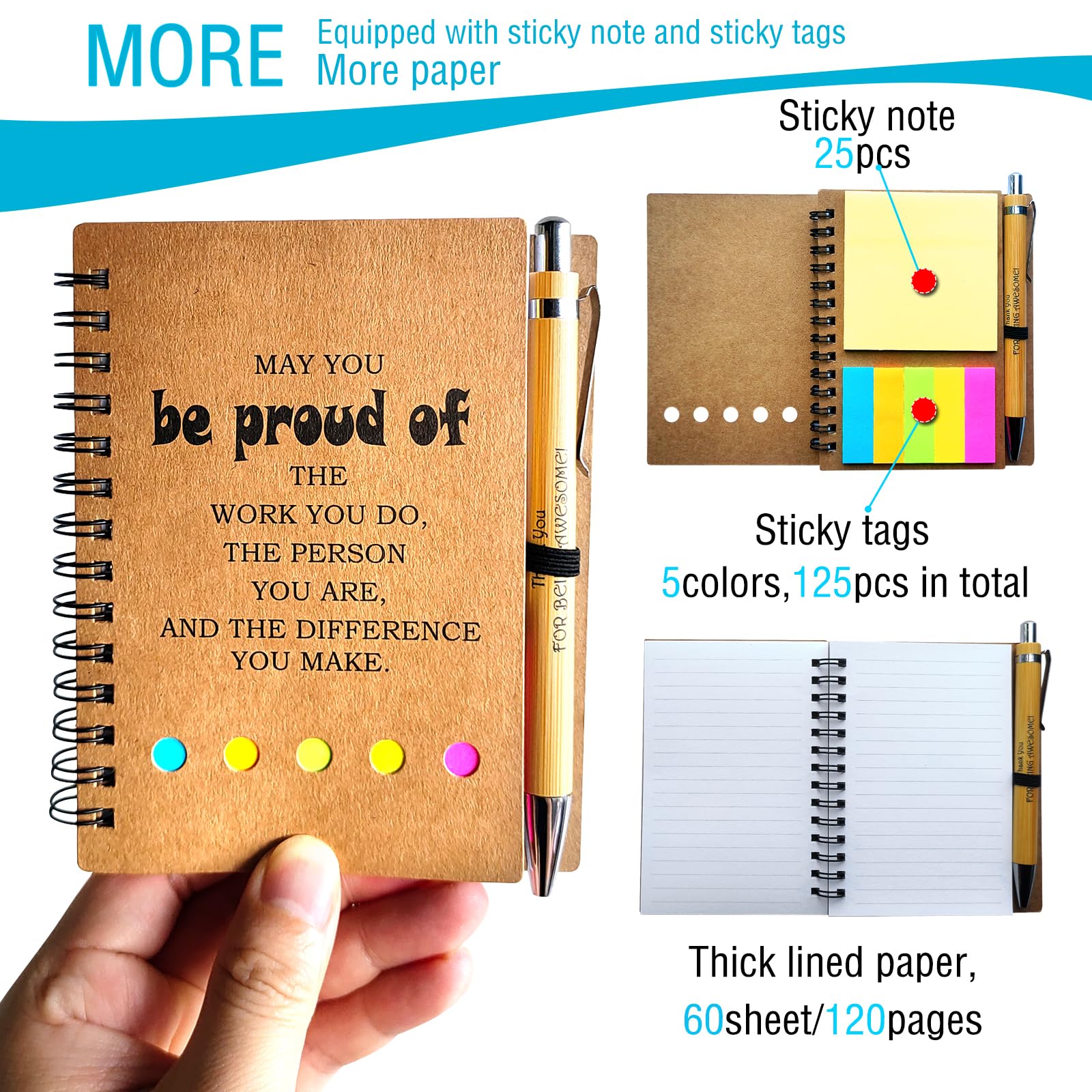 YTJHOME 4 Sets Employee Appreciation Lnspirational Spiral Journal With Sticky Note Notepad Motivational Bamboo Ballpoint Pen Bulk Perfect for team, office/students, thank you gift - Image 3