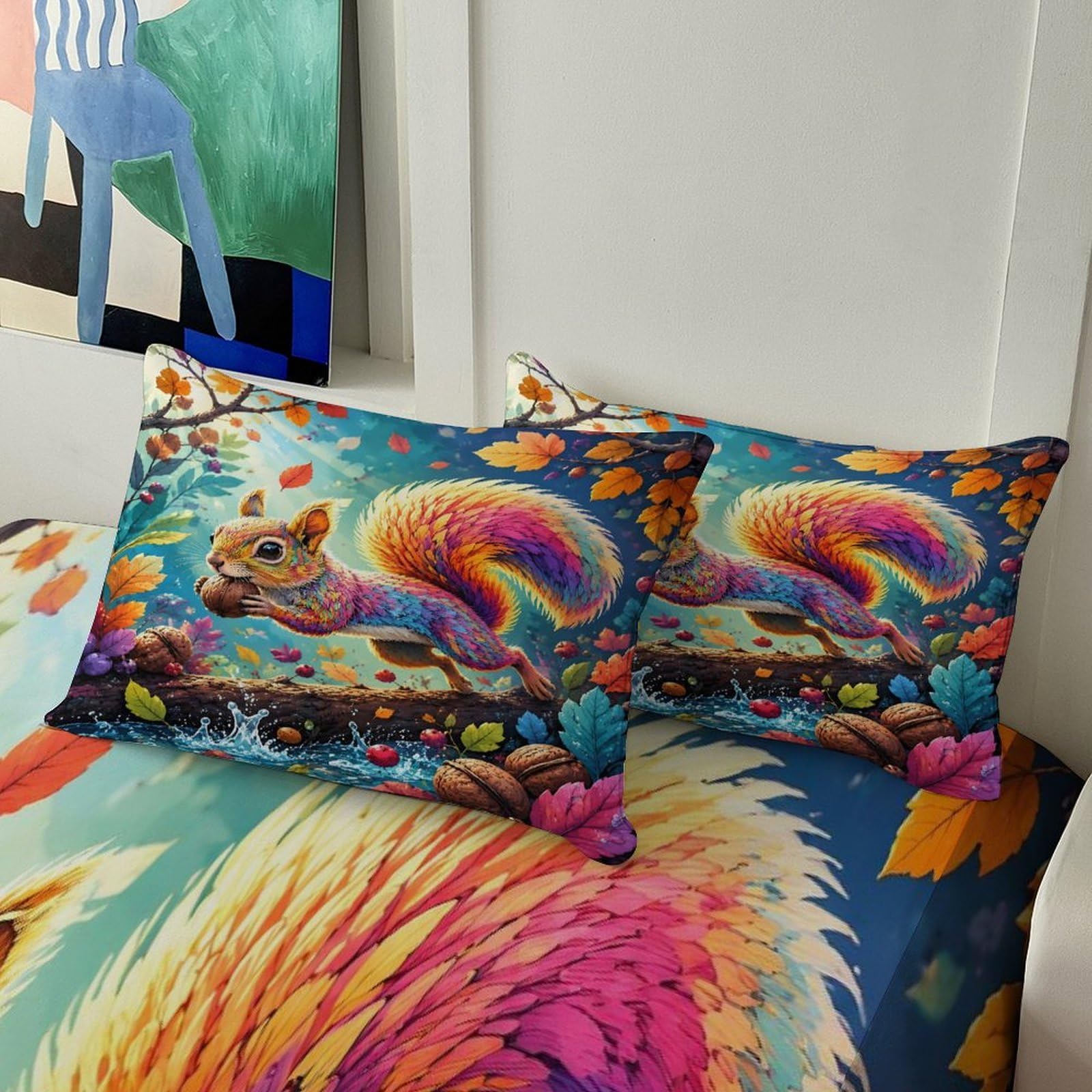 Écureuil Forêt Drap Housse Motif 3D Microfibre Douce Anti-Froissement