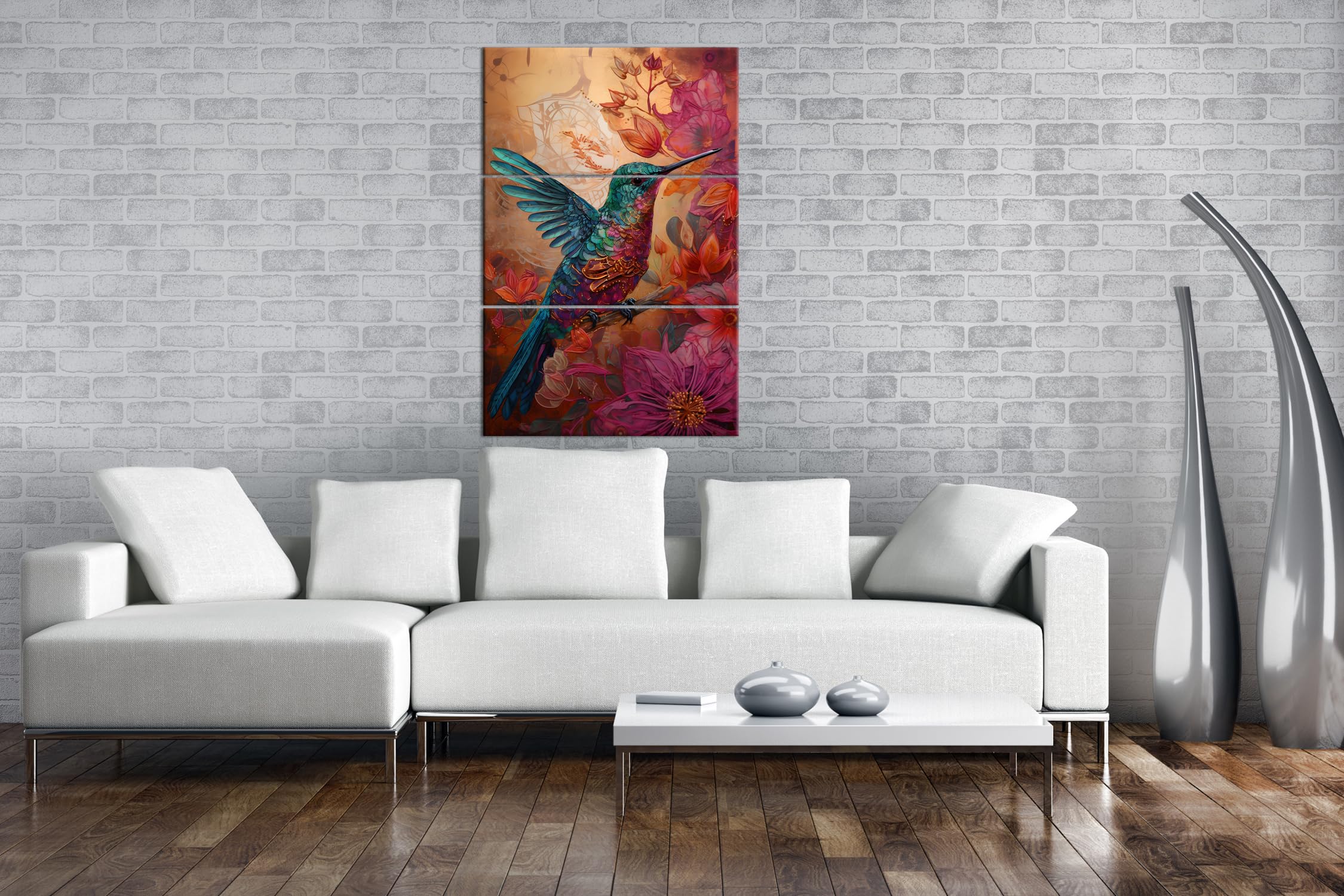 deyoli Colibri aux couleurs irisées, encadré par la magie des fleurs, format : 120 x 80 cm (3 pièces) Impression d'art XXL sur cadre en bois / toile / décoration murale / décoration de salon