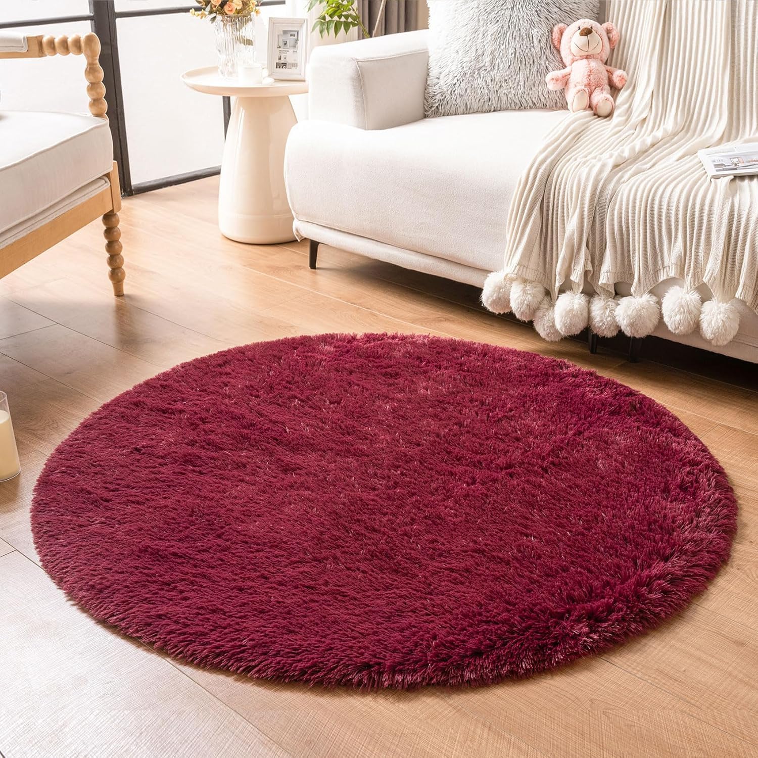 Modern Abstract Round Area Rug – Soft Carpet for Living Room, Bedroom, Dining & Kitchen, 2x2 Feet (Maroon)-picture-40