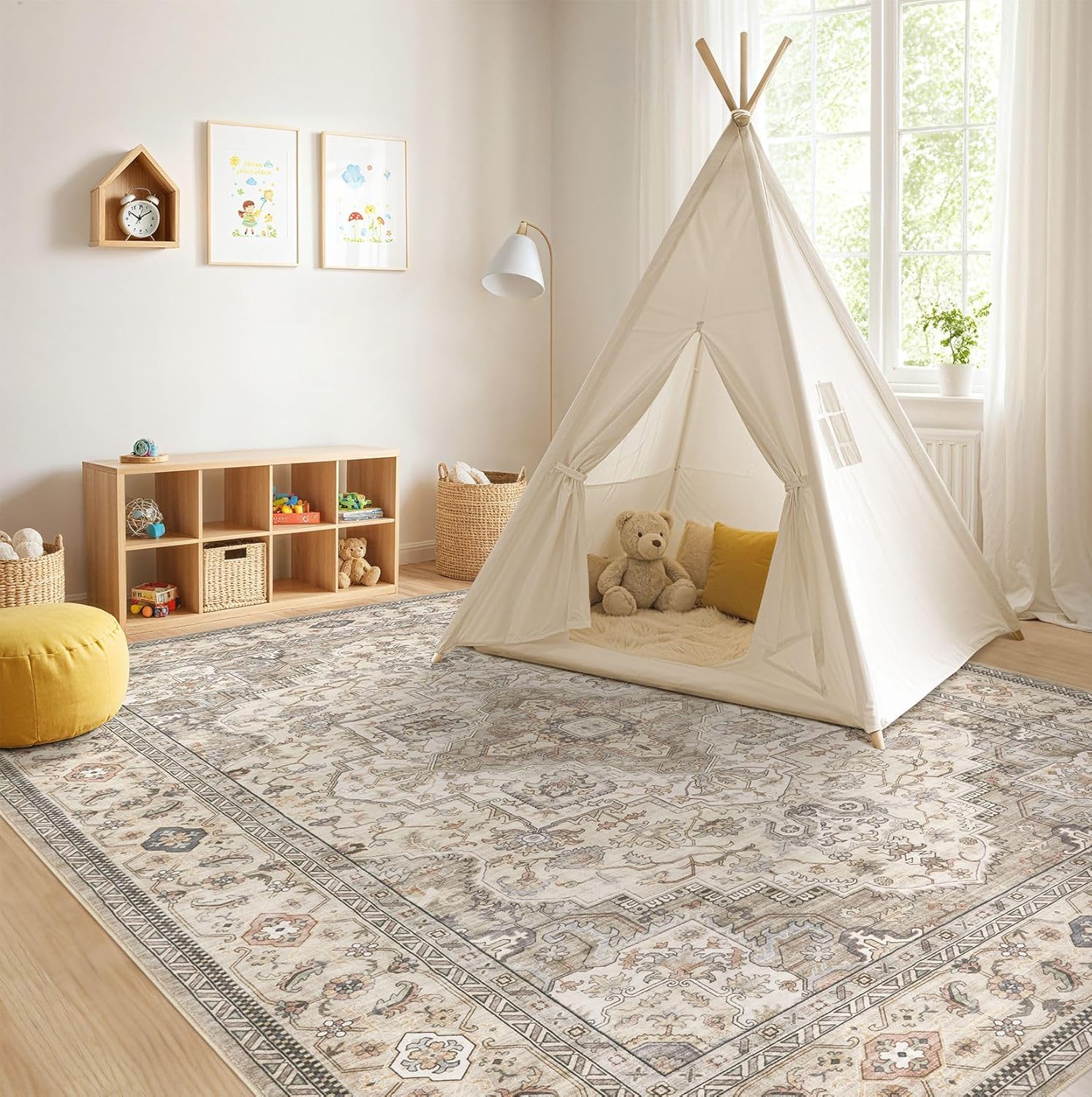 Washable Area Rugs for Living Room - 9x12 Neutral Vintage Distressed Floral Farmhouse Boho Large Soft Floor Rug Indoor Non Slip Carpet for Bedroom Dining Room Office - Brown/Multi - Image 8