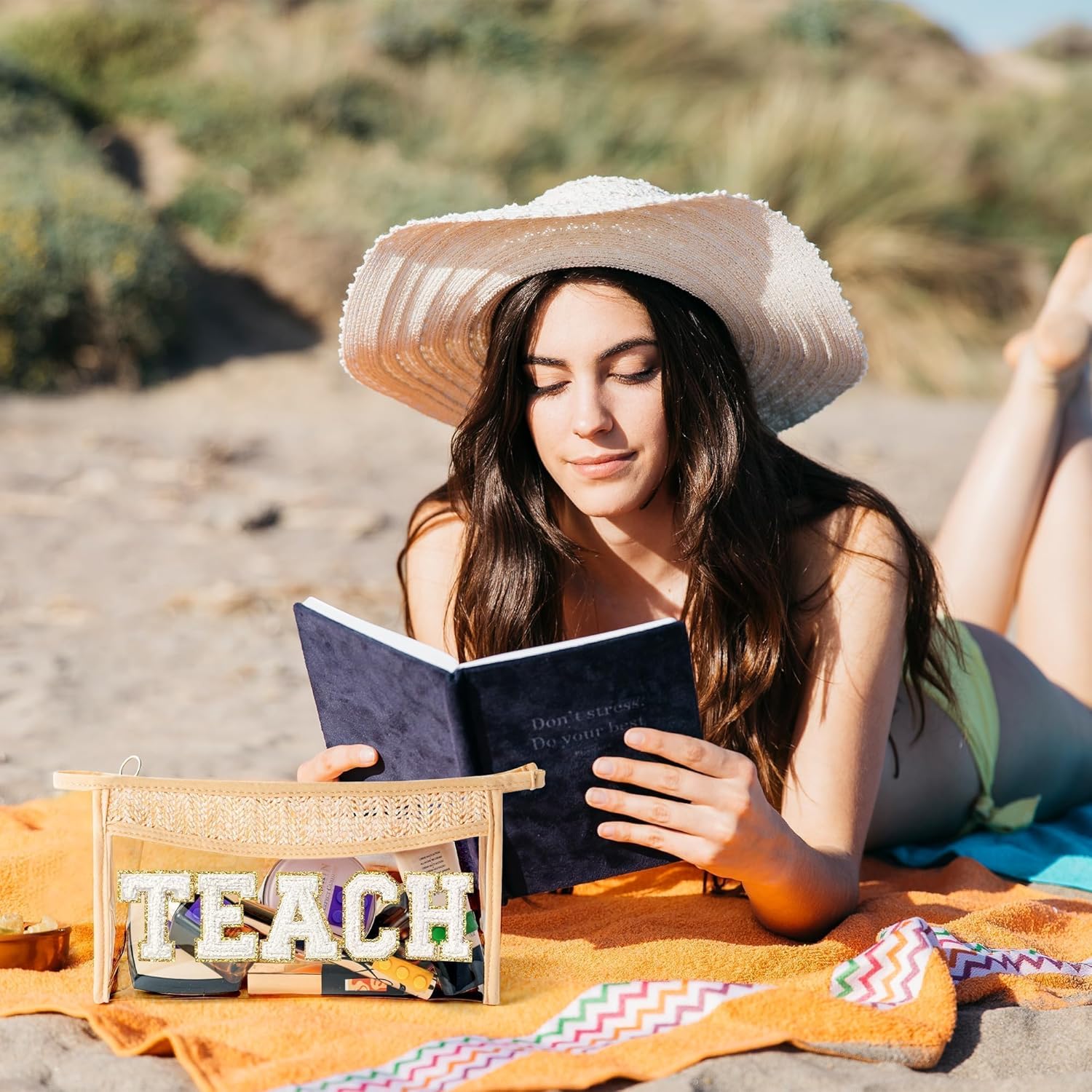 Boho Patch TEACH Cosmetic Bag - Teacher Appreciation Gifts Teach Chenille Varsity Letter Clear Toiletry Makeup Bag Waterproof Portable Woven Makeup Pouch Summer Travel Pouch for Women Girls - Image 3