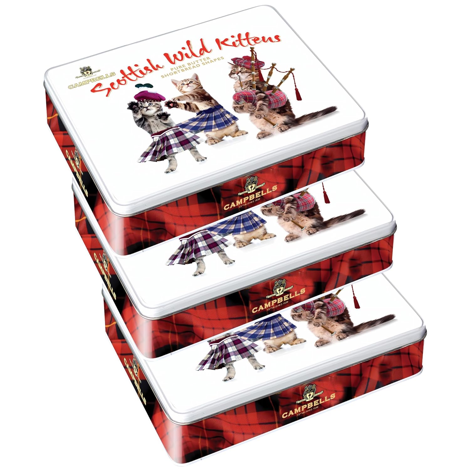 Campbells Shortbread Scottish Wild Kittens Assorted Cookies Tin 5.3 Oz (Pack of 3) - Pure Butter Scottish Shortbread Cookies from Scotland, British Tea Biscuits, Assortment Gift Tin for Cat Lovers