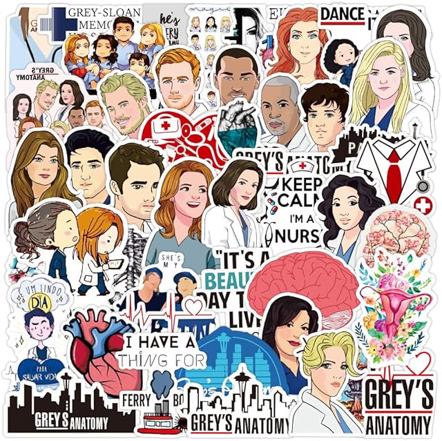 TV Show Greys Anatomy Stickers Pack of 50 Stickers-Vinyl Skateboard Stickers-Suitable for Laptop Travel Case Water Bottle Notebook Phone Car Scrapbook Bike Waterproof Graffiti Decals,Kid/Teen Gift