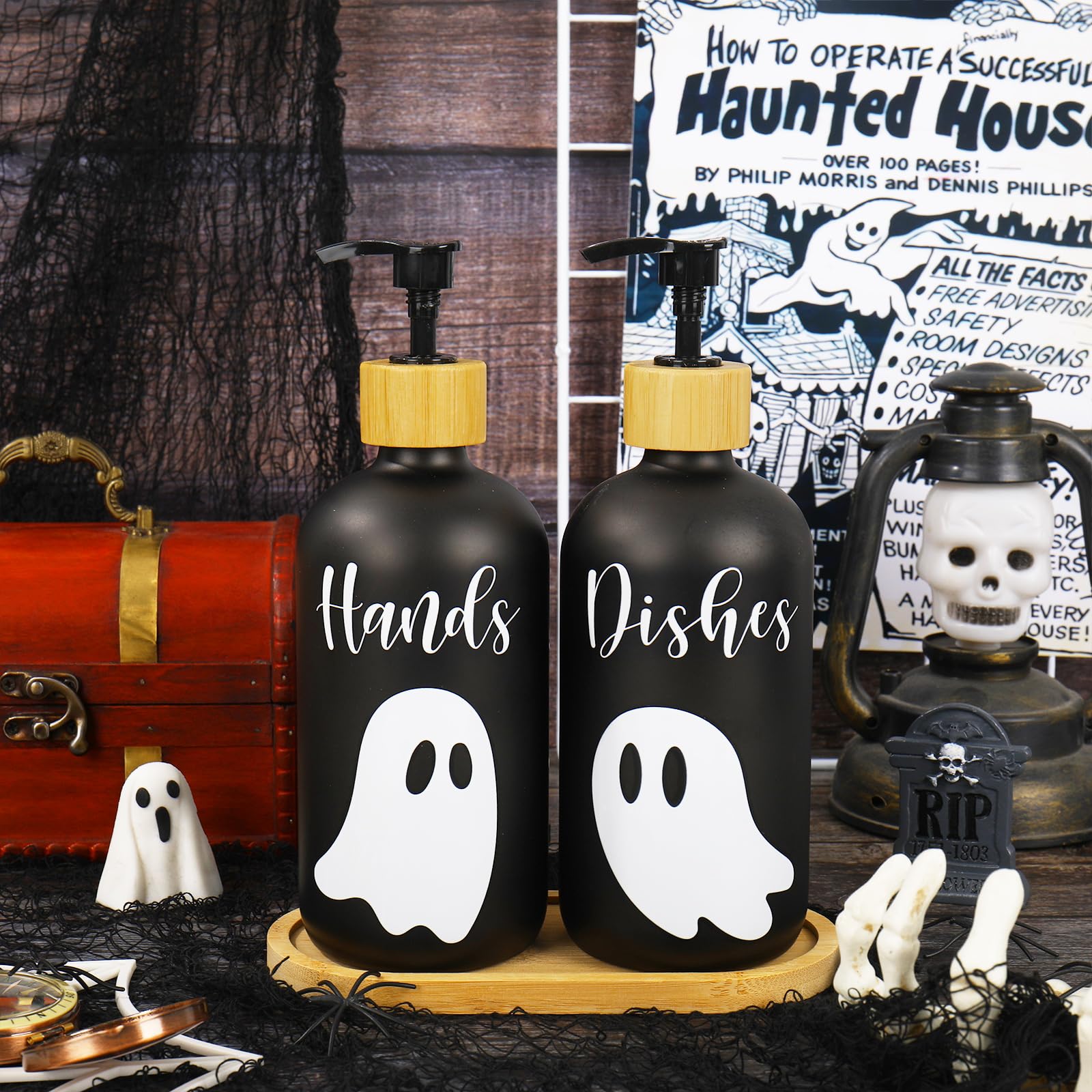 JarThenaAMCS Halloween-Seifenspender mit Pumpe, 473 ml, nachfüllbar, schwarzer Flüssigseifenbehälter für Küche, Badezimmer, 2 Stück