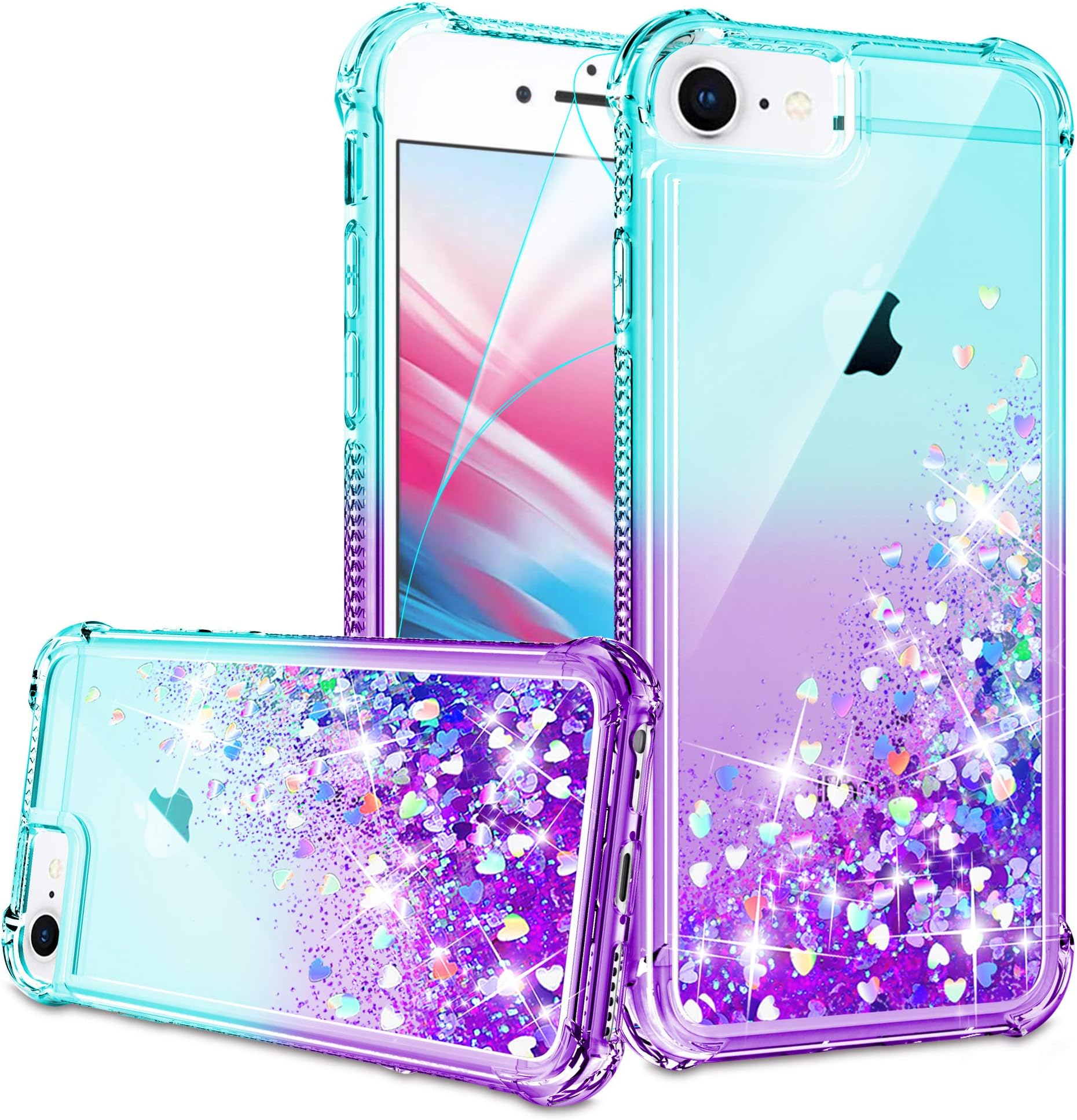 Gritup iPhone SE 2020 Case, iPhone 6/6S/7/8 Case with HD Screen Protector for Girls Women, Cute Clear Gradient Glitter Liquid TPU Slim Phone Case for Apple iPhone SE 2020/6/6S/7/8 Teal/Purple