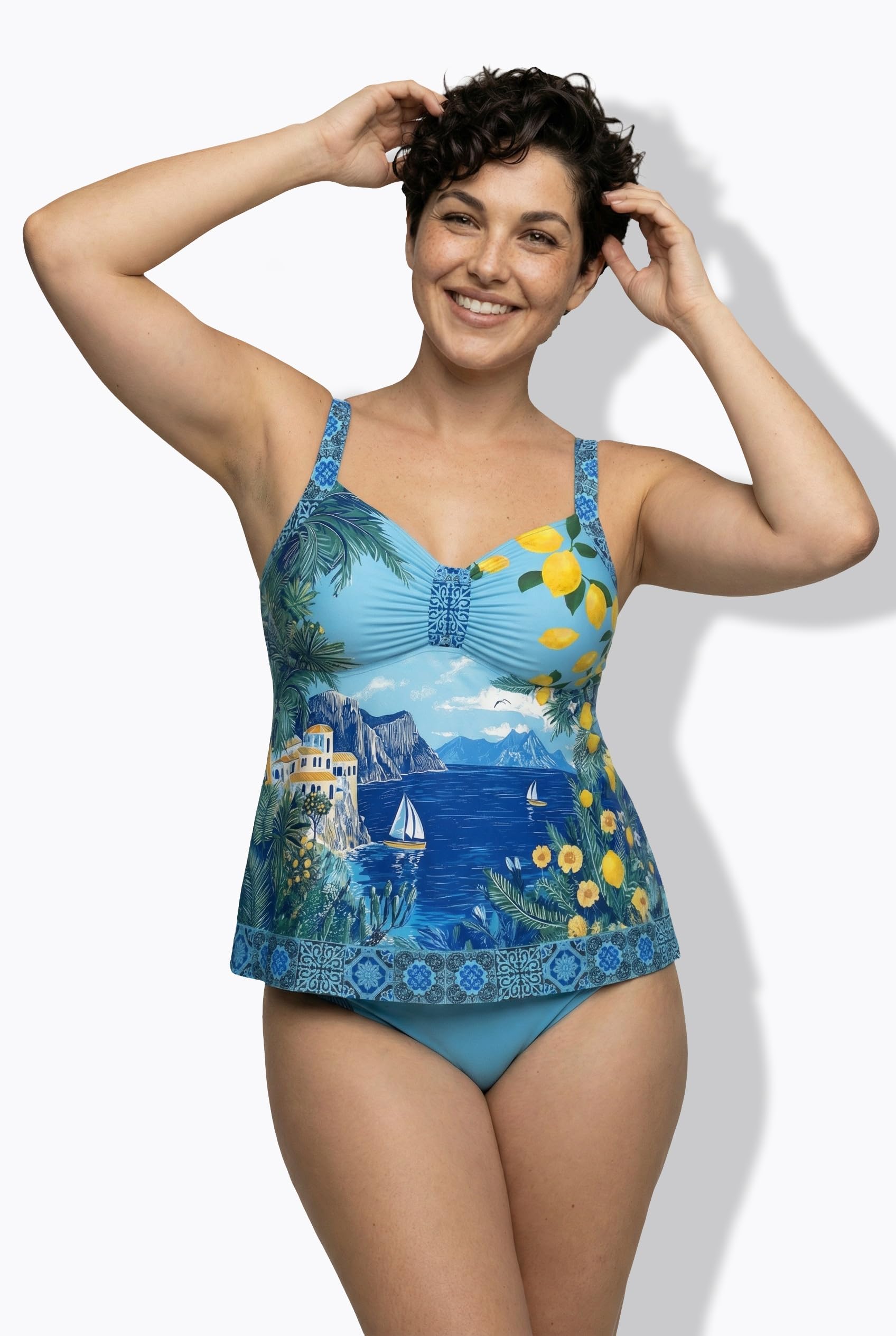 Ulla Popken Femme Grandes Tailles Tankini Motif Vacances au Bord de la mer, Bonnets Souples, Bretelles réglables Saphir Clair 58 847199713-56