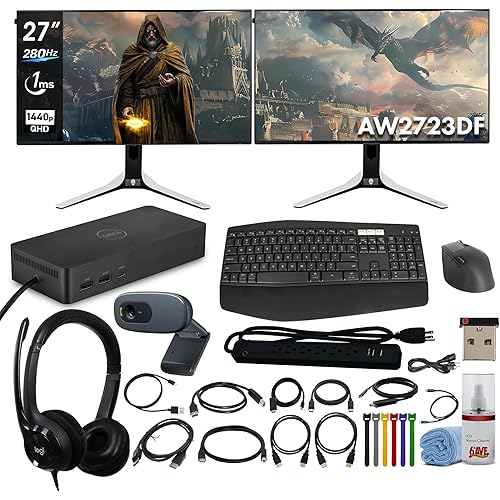 Alienware AW2723DF Gaming Monitor - 27-inch (2560 x 1440) 280Hz Display, 1ms Response Time, NVIDIA G-Sync, Height/Tilt/Swivel/Pivot Adjustability - Lunar Light 2X Monitors Bundle + More