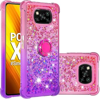 Phone Case for Xiaomi Poco X3 NFC, Case for Xiaomi Poco X3 Pro, Shiny Bling Quicksand Effect TPU Bumper Case with Four Corners Protection Cover for Xiaomi Poco X3 NFC/X3 Pro, Pink Purple