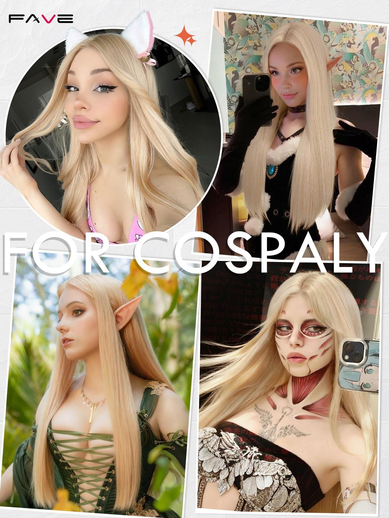 FAVE Peruka blond, 65 cm, damska, długa, odporna na wysokie temperatury, syntetyczna peruka z iluzoryczną koronką, przedziałek na środku, do noszenia na co dzień, do cosplay