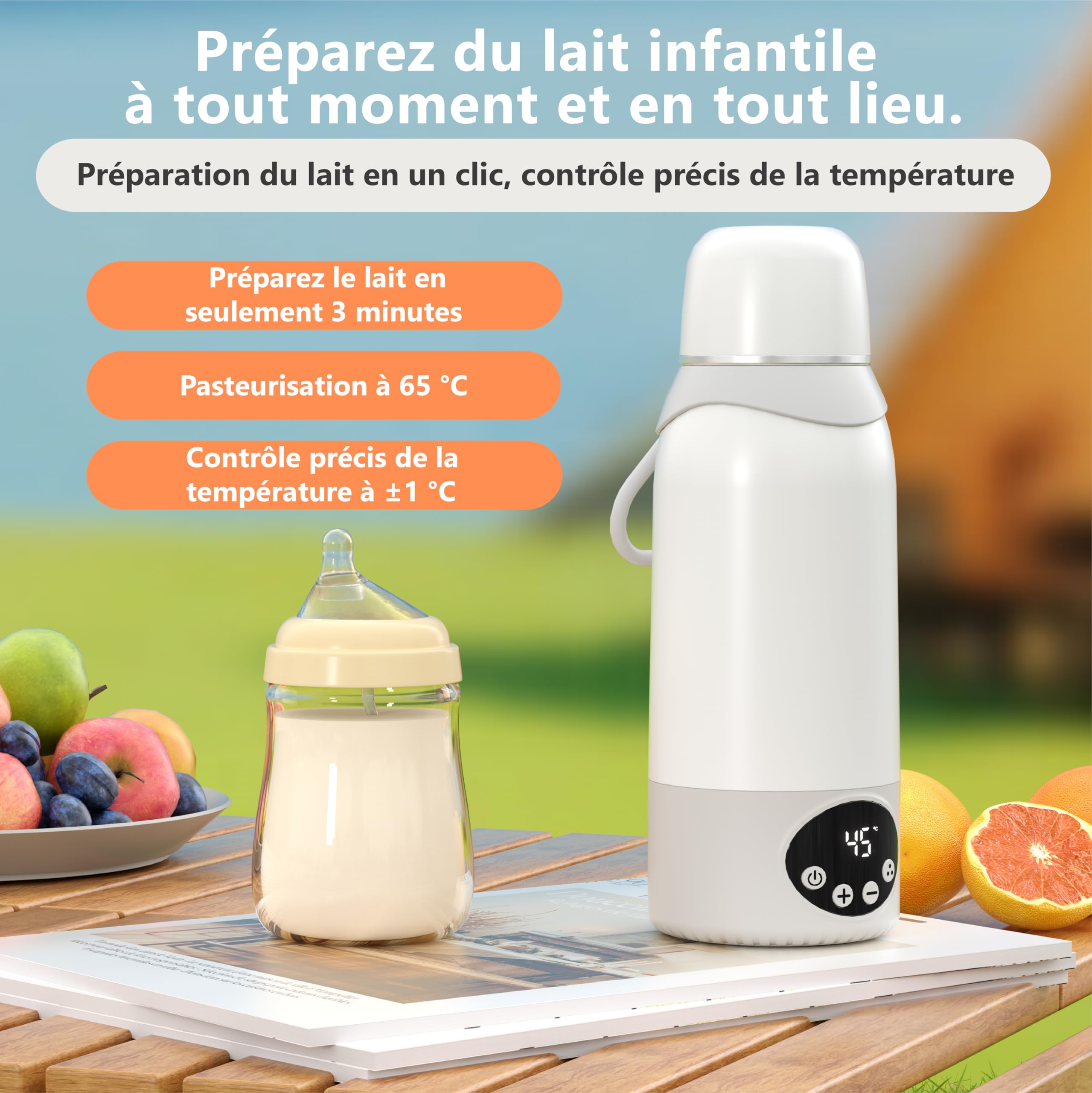 Chauffe Biberon Portable Sans Fil 500ml, Batterie 12000mAh, Chauffe Rapide 3 Min, Température Réglable 37-100°C, Rechargeable Type-C, Inox 316L, Idéal Voyage/Voiture/Nuit