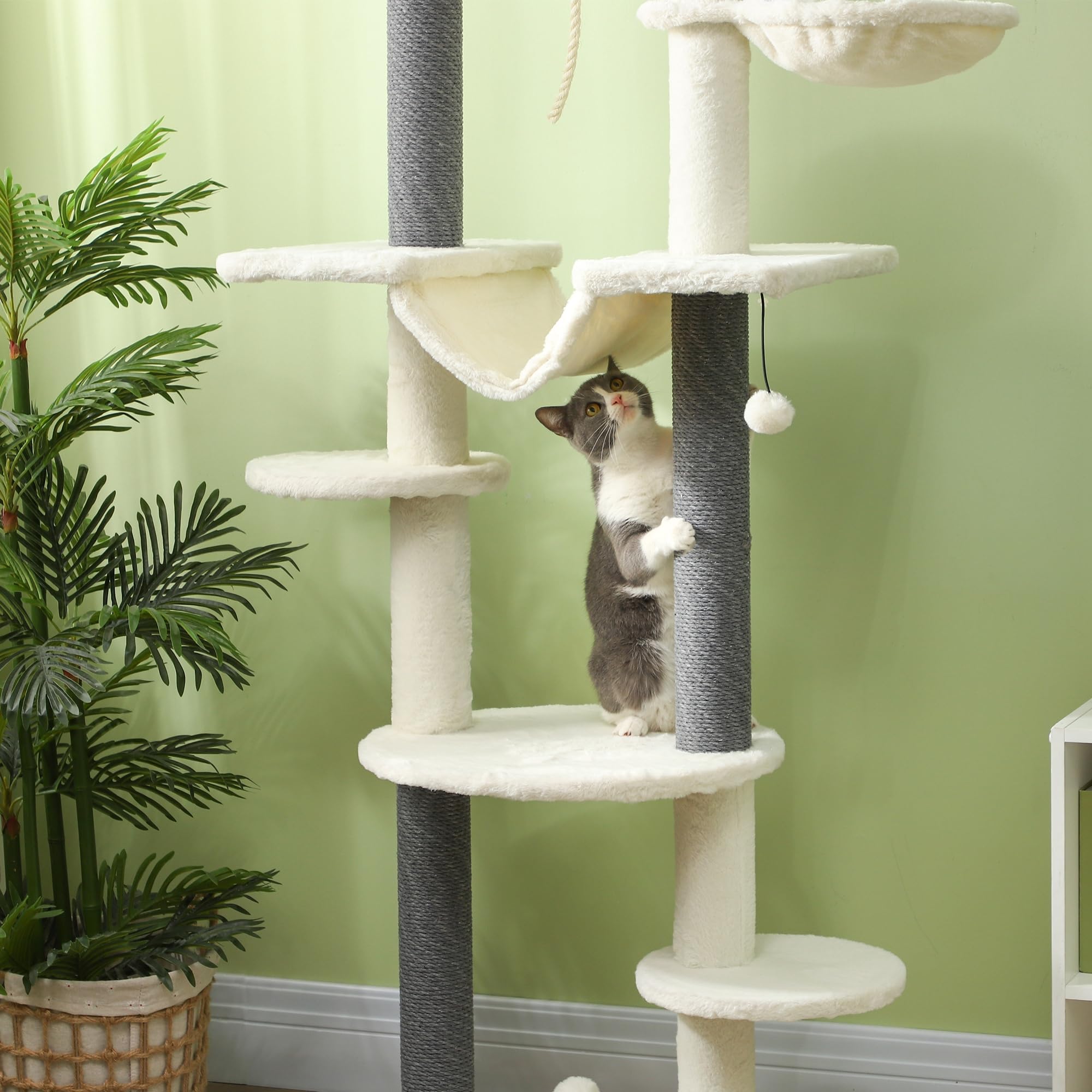 PawHut Kratzbaum Deckenhoch 225-255 cm Höhenverstellbar Katzenturm Weiß | 7 Ebenen, Korb Plattformen, Hängematte, 3 Kratzsäulen, Spielball, Katzenkratzbaum für Mittelgroße Katzen