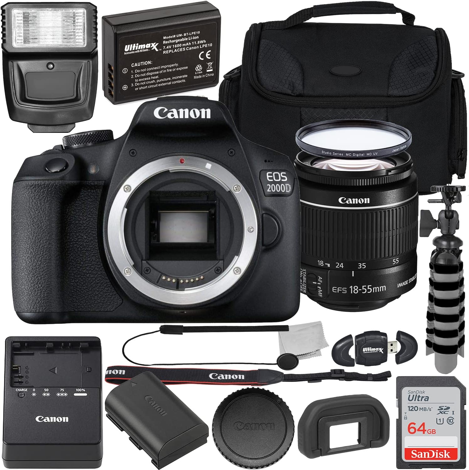 Canon EOS 2000D (Rebel T7) DSLR Camera with EF-S 18-55mm f/3.5-5.6 is II Lens + 64GB SDXC
