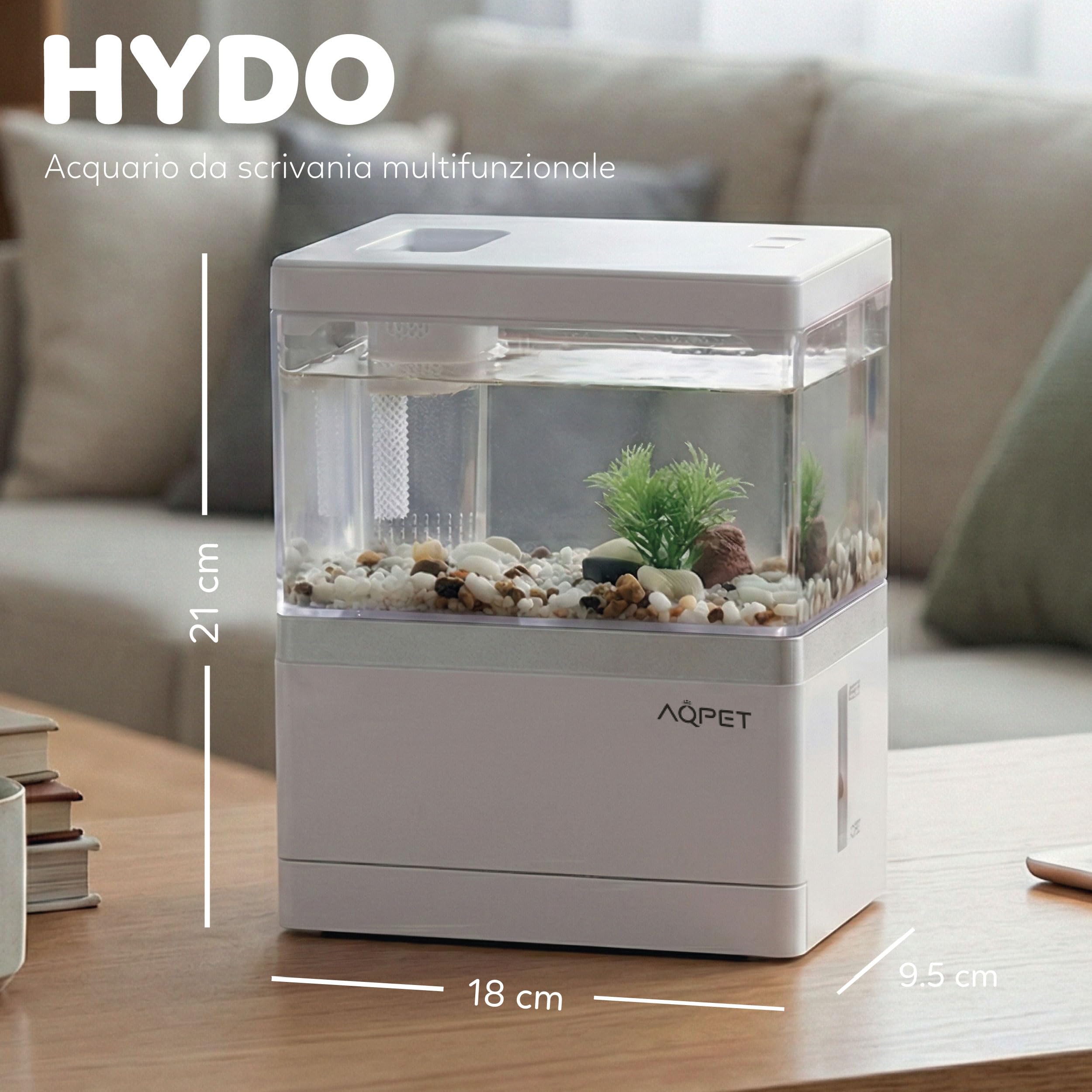 AQPET HYDO Acquario da Scrivania Multifunzionale in Acrilico con Dock Station per Smartphone – Mini Acquario con Pompa e Filtro, LED 5 Modalità e Modulo Idroponico, Ideale per Betta e Caridine