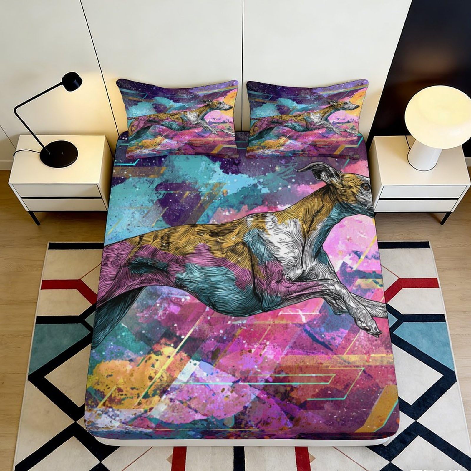3D Printed Colorful Greyhound Fitted Sheet Microfiber Vibrant Abstract Bed Cover for Bedroom Guest Room Mattress Protection Decor 120x200x25cm