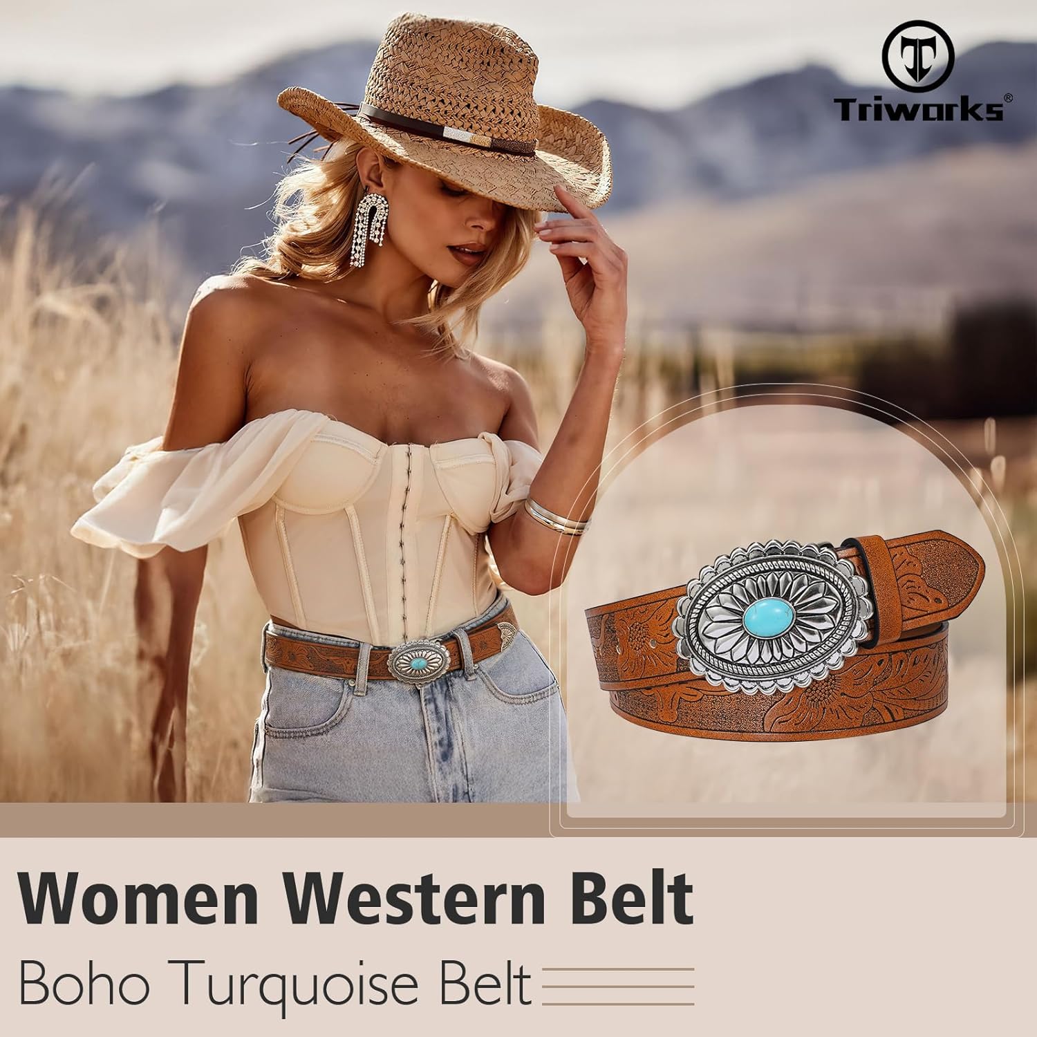 TRIWORKS Women's Western Leather Belt Vintage Medieval Turquoise Buckle Belt Ladies Cowgirl Concho Leather Belt - Image 2