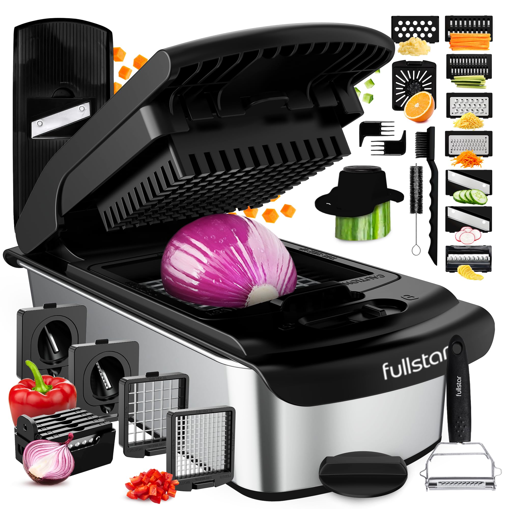 Fullstar (PRO Original Series) Vegetable Chopper, Mandoline Slicer & Spiraliser - 14 Stainless Steel Blades & Container - Julienne Cutter & Grater - Dishwasher Safe, BPA-Free (PRO 14-in-1, Black)
