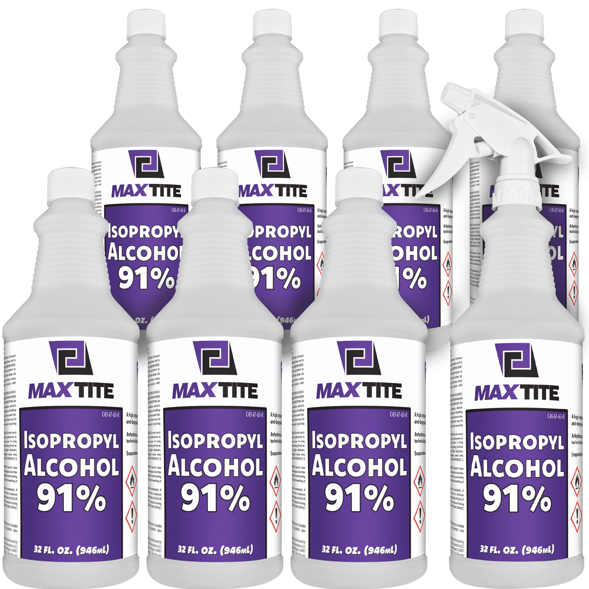 MaxTite 91% Isopropyl Alcohol (2 Gallons (8 Pack, 32 fl oz) - Includes Heavy-Duty Spray Nozzle - Made in USA