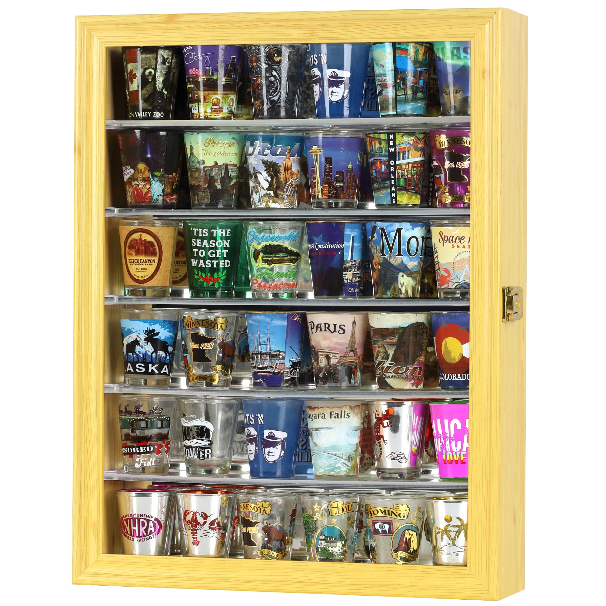 Small Display Case Wall Mounted Cabinet for Souvenir Shot Glasses Display and Small Figures and Rocks, gems, Artifacts, and More, Mirror Background in Oak Finish