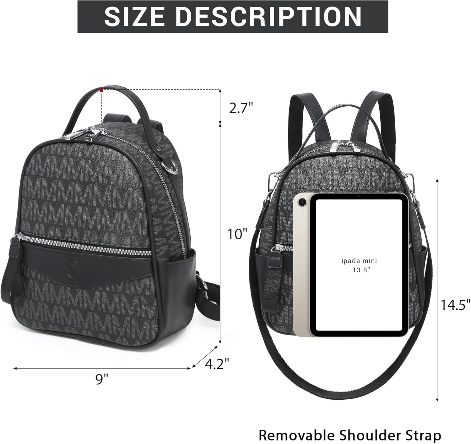 Mini Backpack Purse for Women Multi Pocket Small Backpacks Ladies Convertible Shoulder Handbags Designer Travel Backpack with Wide Strap (Black) - Image 4