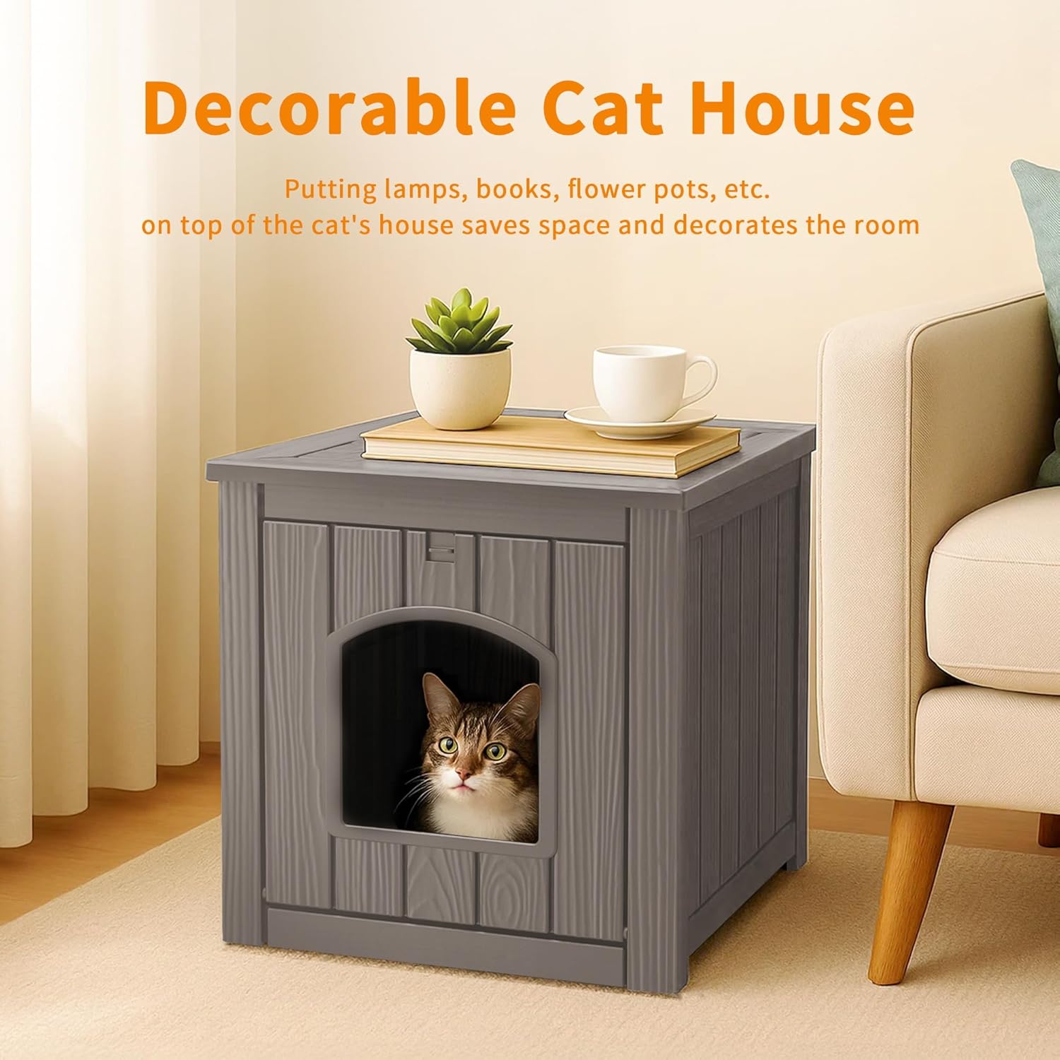 DRATO Outdoor Cat House -Weatherproof Resin Cat Houses for Cats, Durable, Easy Assembly,cat Igloo Outdoor，Durable & Insulated Shelter for Garden, Patio, or Backyard（Grey，18.46 * 23.62 * 21.42）