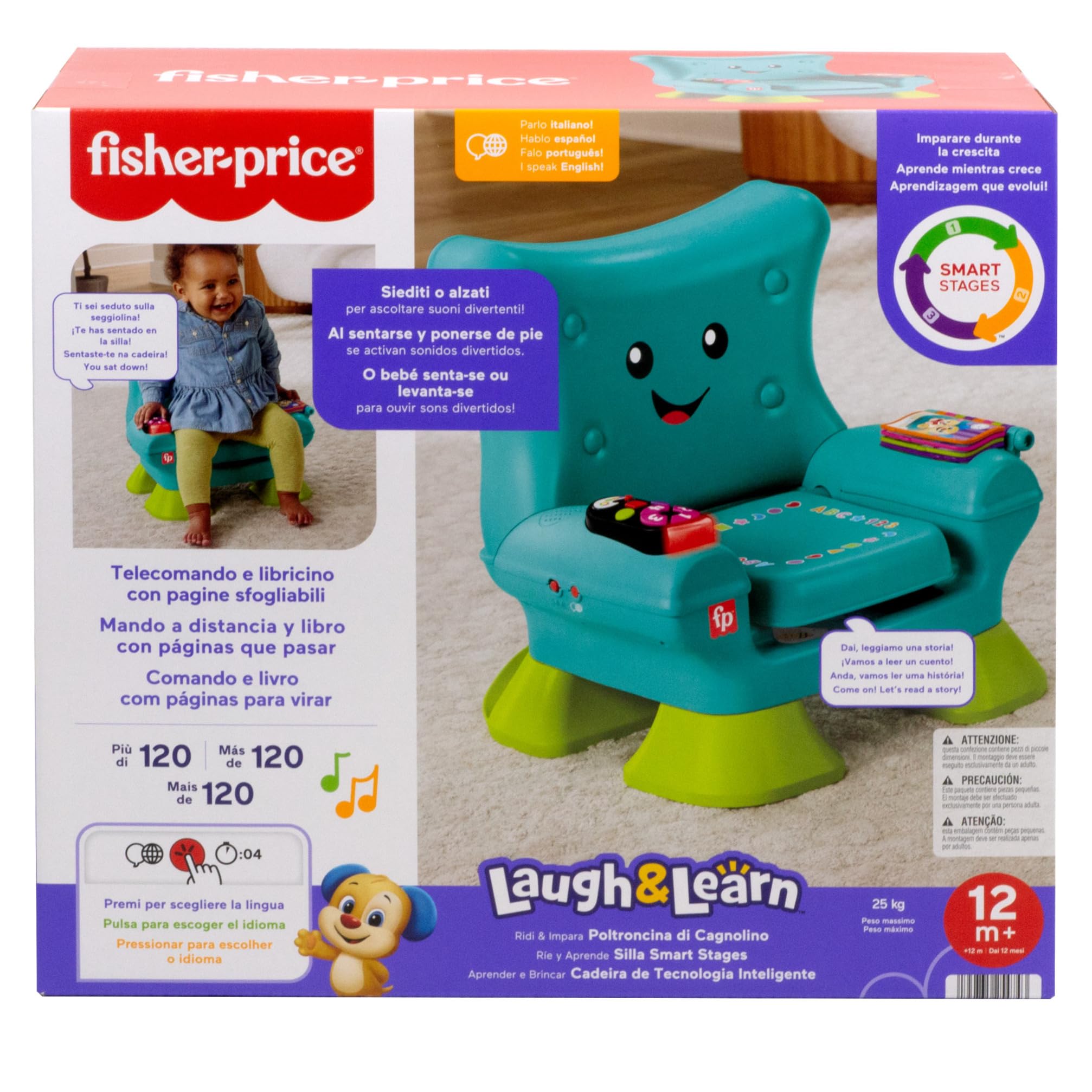 Fisher-Price Silla Smart Stages Ríe y Aprende multilingüe | Italiano, español, portugués e inglés, juguete musical educativo, actividades, bebés y peques 1+ años, HYR96