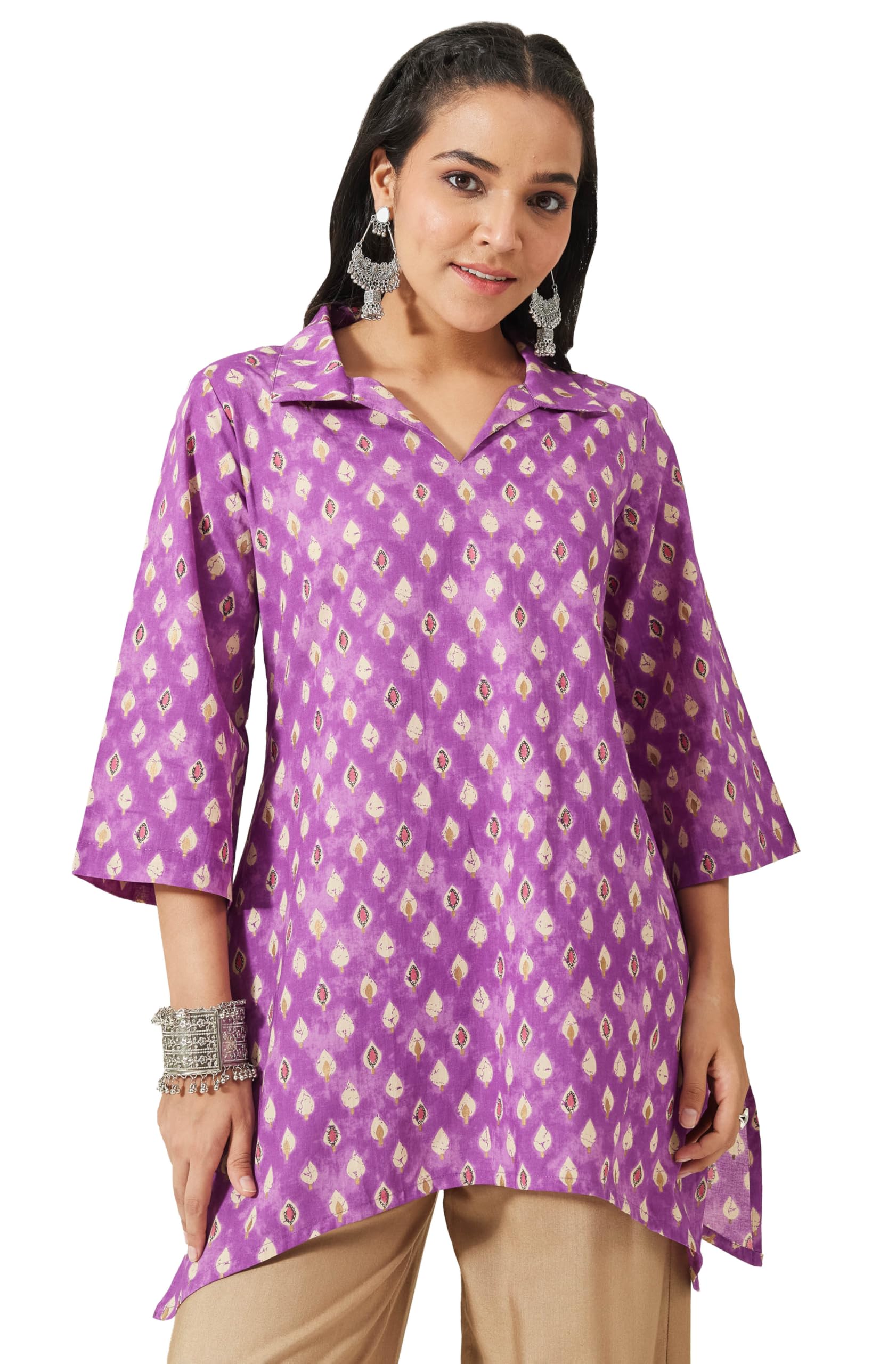 janasya Women's Purple Pure Cotton Ethnic Motifs Printed A-Line Tunic-picture-25