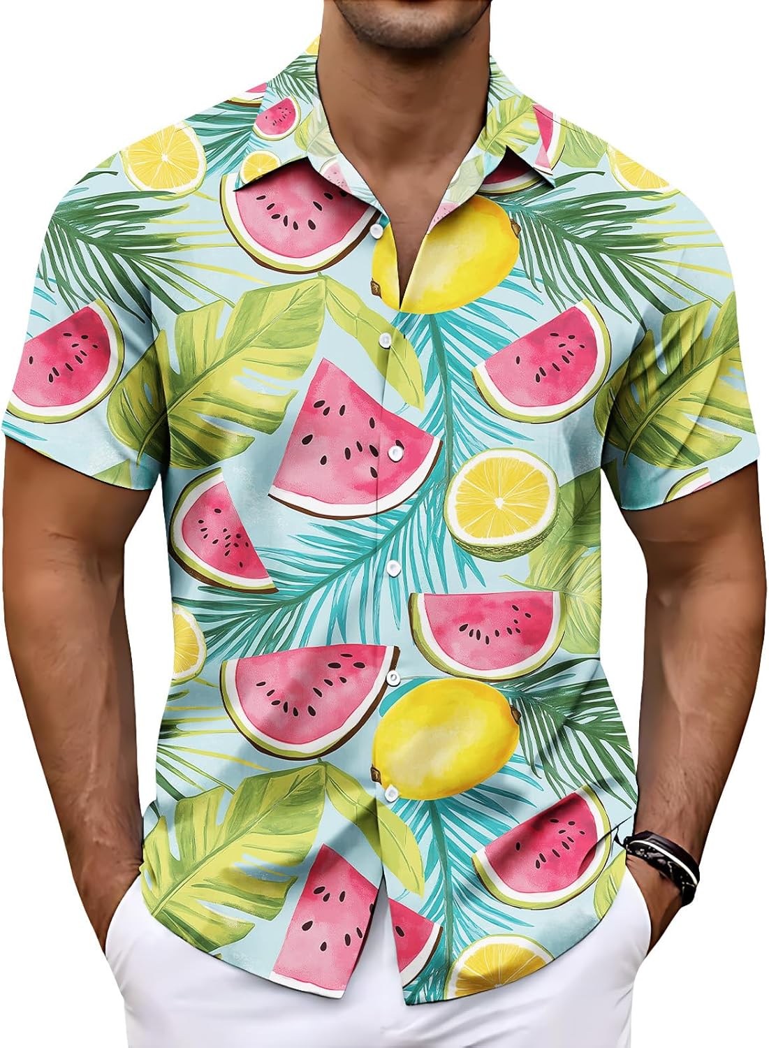 Mens Short Sleeve Button Down Shirt Feather Print Lightweight Casual Summer Beach Vacation Top Classic Loose Fit