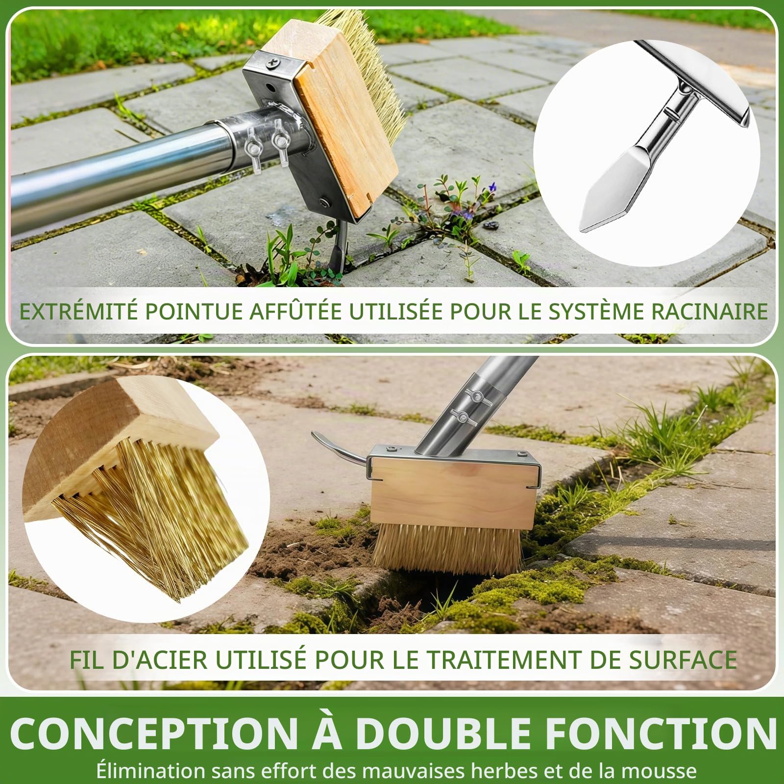 Brosse à Mauvaises Herbes et Couteau Désherbeur avec Manche Télescopique(160cm), Lot de 2 Désherbeur Manuel pour Mauvaises Herbes avec Crochet pour Éliminer la Mousse et Les Mauvaises Herbes (Argent)