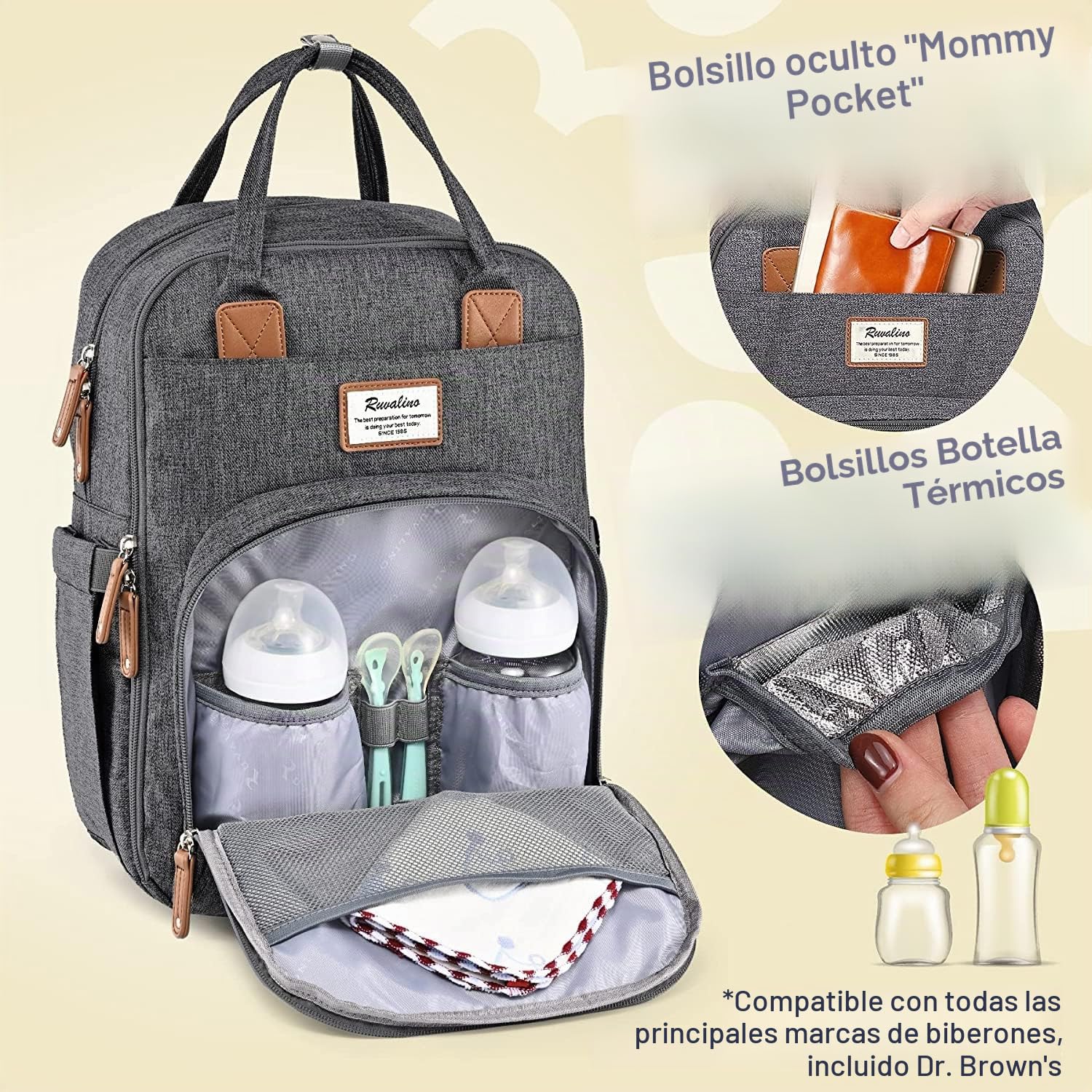 RUVALINO Mochila porta pañales Mochila grande para pañales con bolsa multifuncional para el bebé y cambiador móvil - Portachupetes - para mamá y papá, Talla única