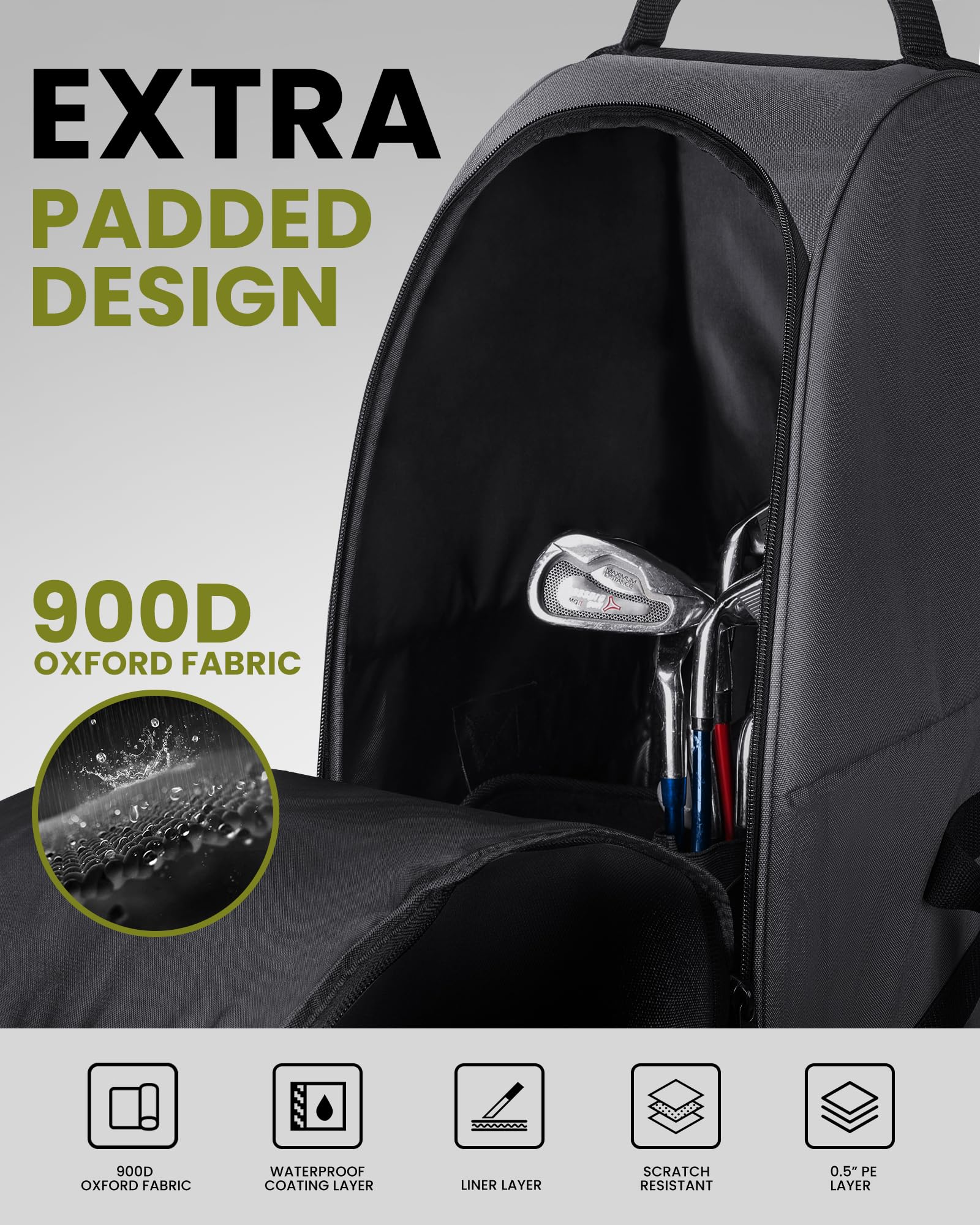OutdoorMaster Borsa da golf imbottita da viaggio con ruote rinforzate, in tessuto Oxford 900D resistente, resistente all'usura e impermeabile, borsa da golf con lati morbidi