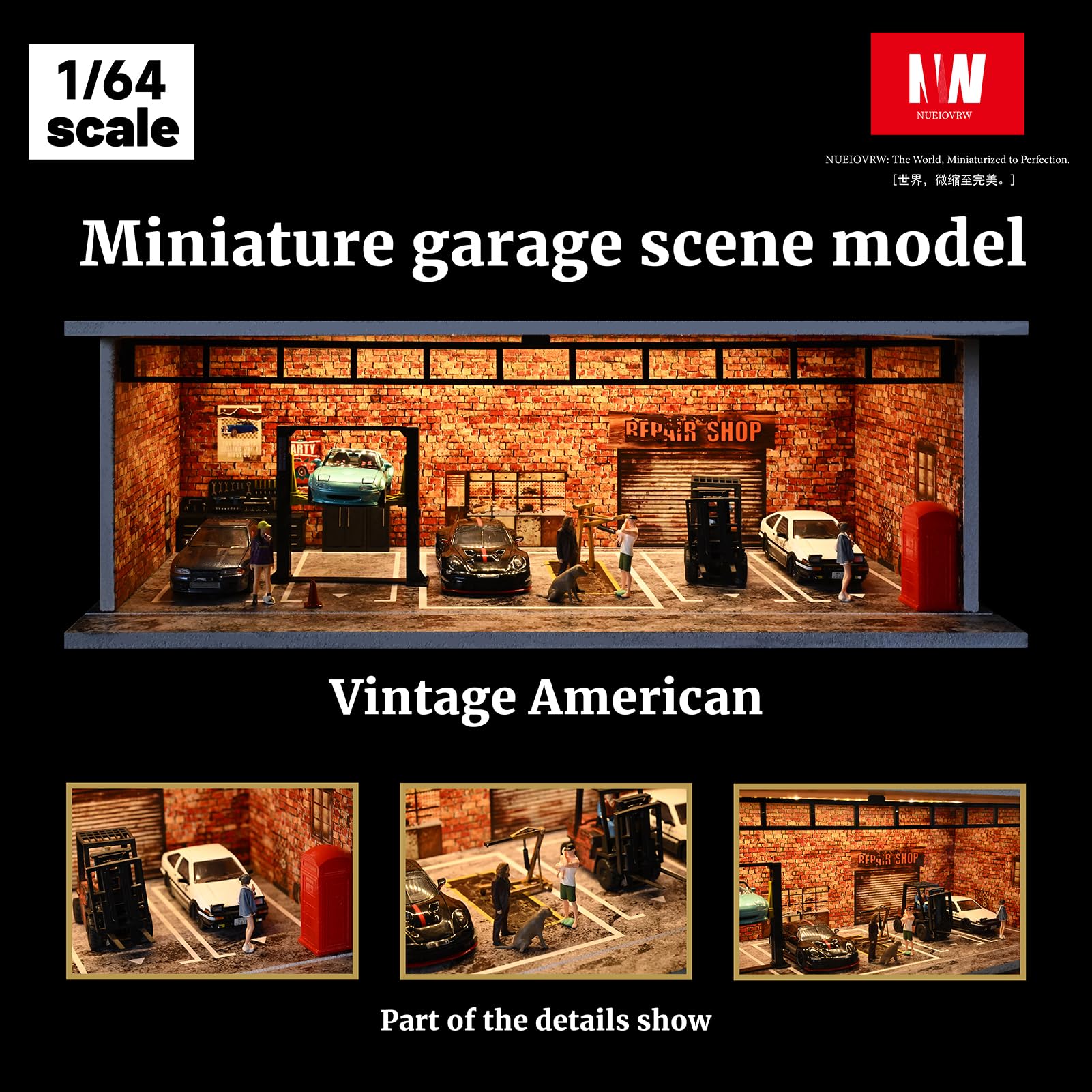 Diorama 1/64 modello auto garage, illuminazione a LED, vetrina per parcheggio, in mattoni rossi, modellini di auto pressofuso, kit modello diorama (garage vintage)