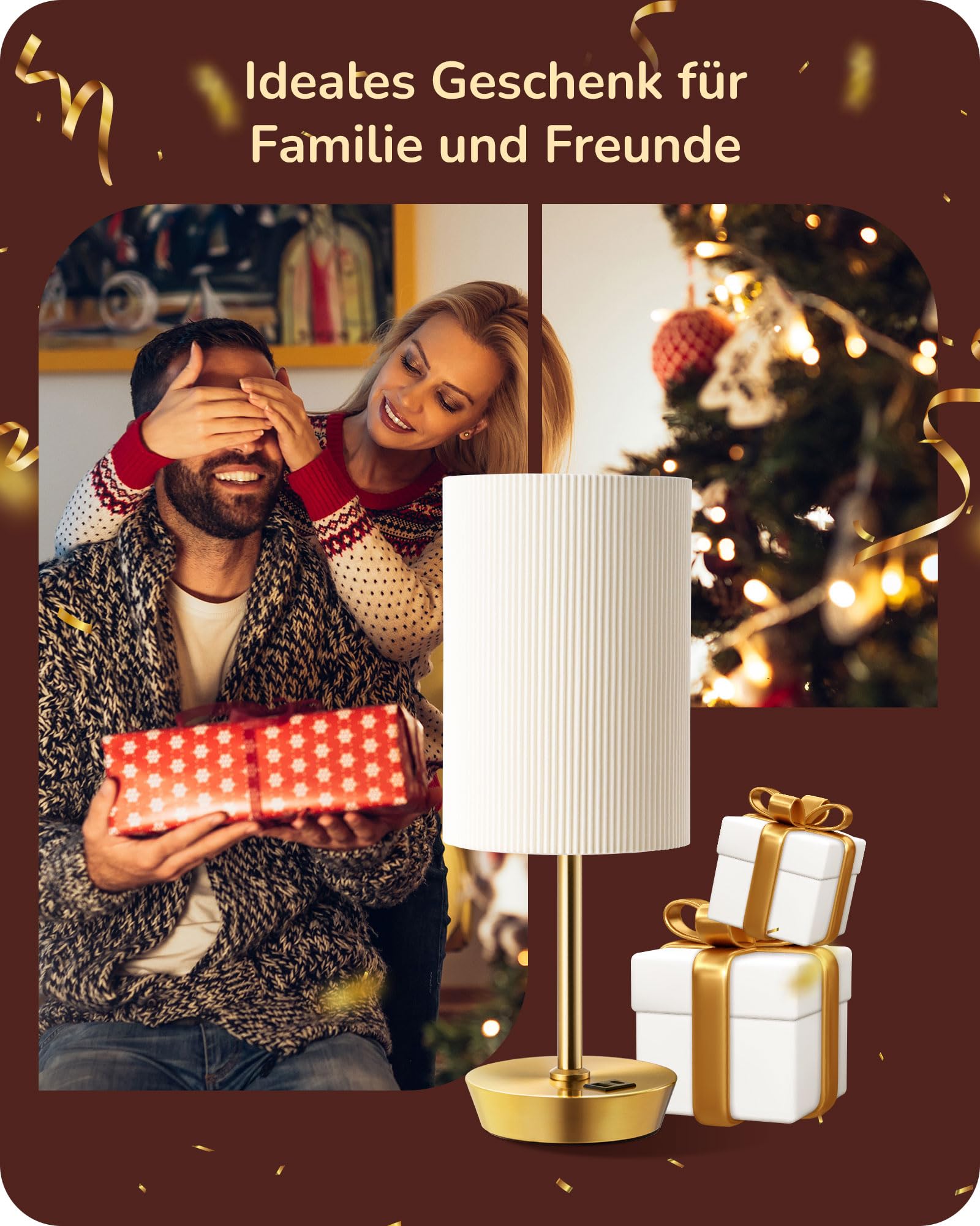 EDISHINE LED Nachttischlampe Touch Dimmbar 2er Set, Tischlampe Modern, Kleine Lampe, mit Ladefunktion, 2 USB Anschlüsse, mit Kabel, für Schlafzimmer, Wohnzimmer, Fensterbank, Geschenk, Gold