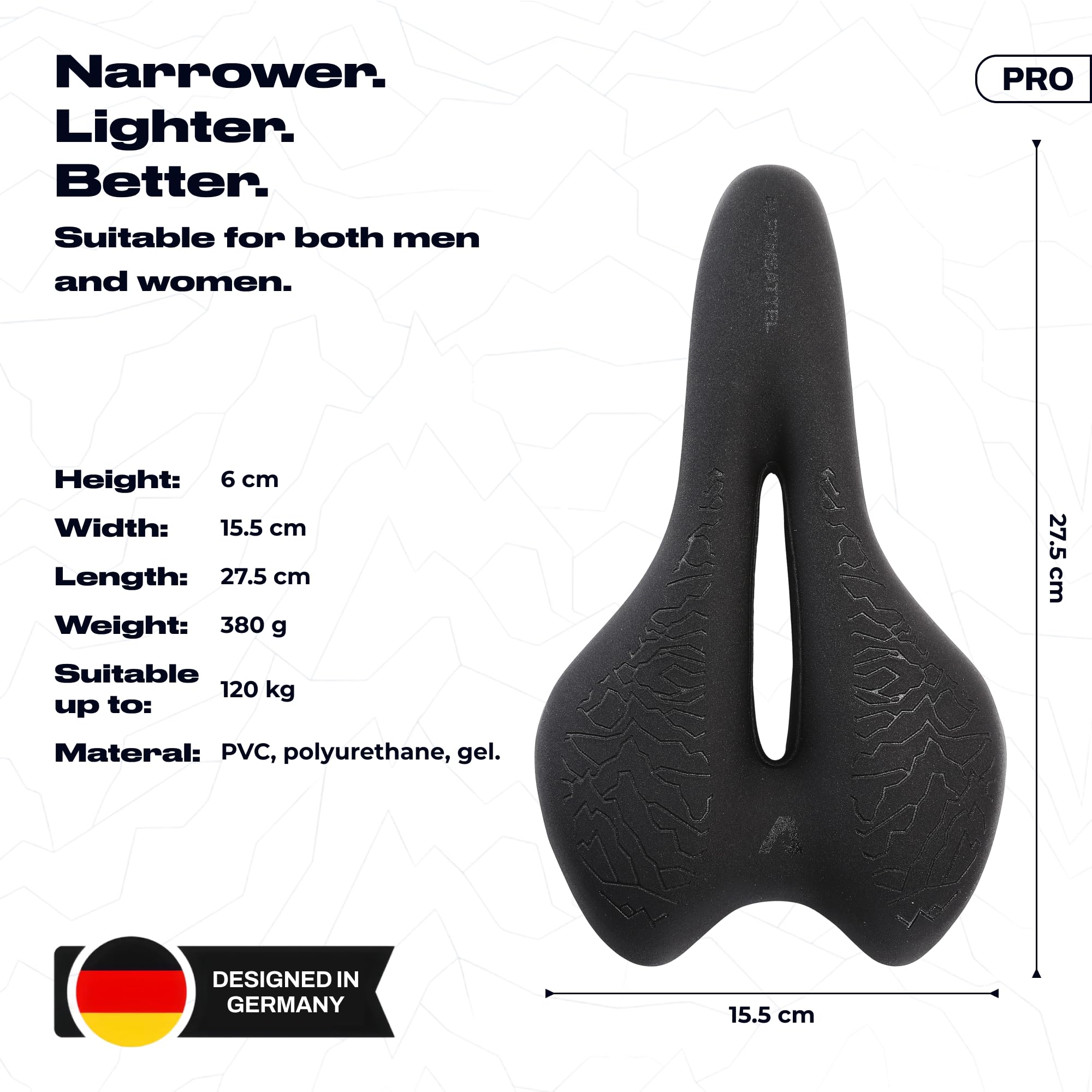 ALPENSATTEL® Sillín de bicicleta ergonómico [espuma viscoelástica 3D] – Sillín para hombre y mujer – Material transpirable para una distribución ideal de la presión – Soporte universal para cada rueda