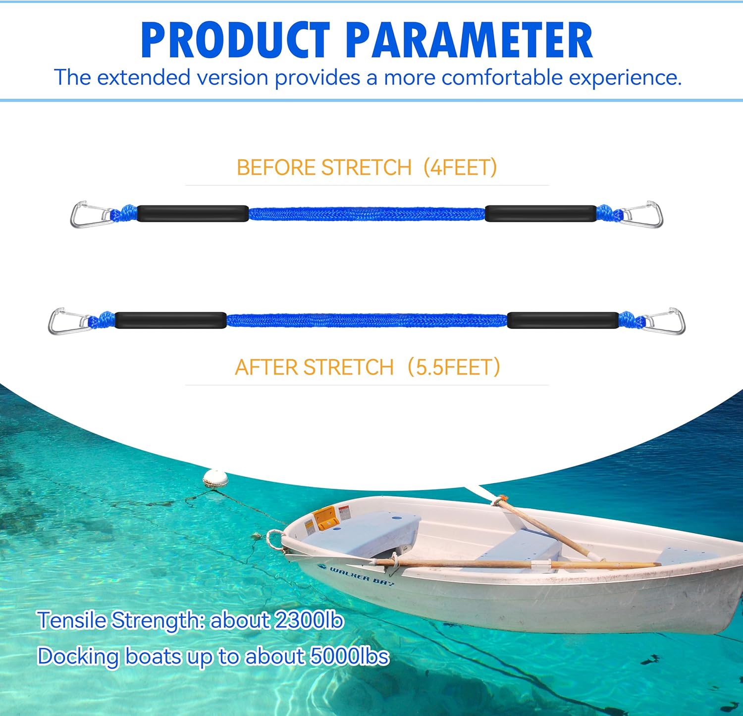 4ft Bungee Dock Lines for Boat, Dock Mooring Ropes, Two Hooks (Blue, 4FT)
