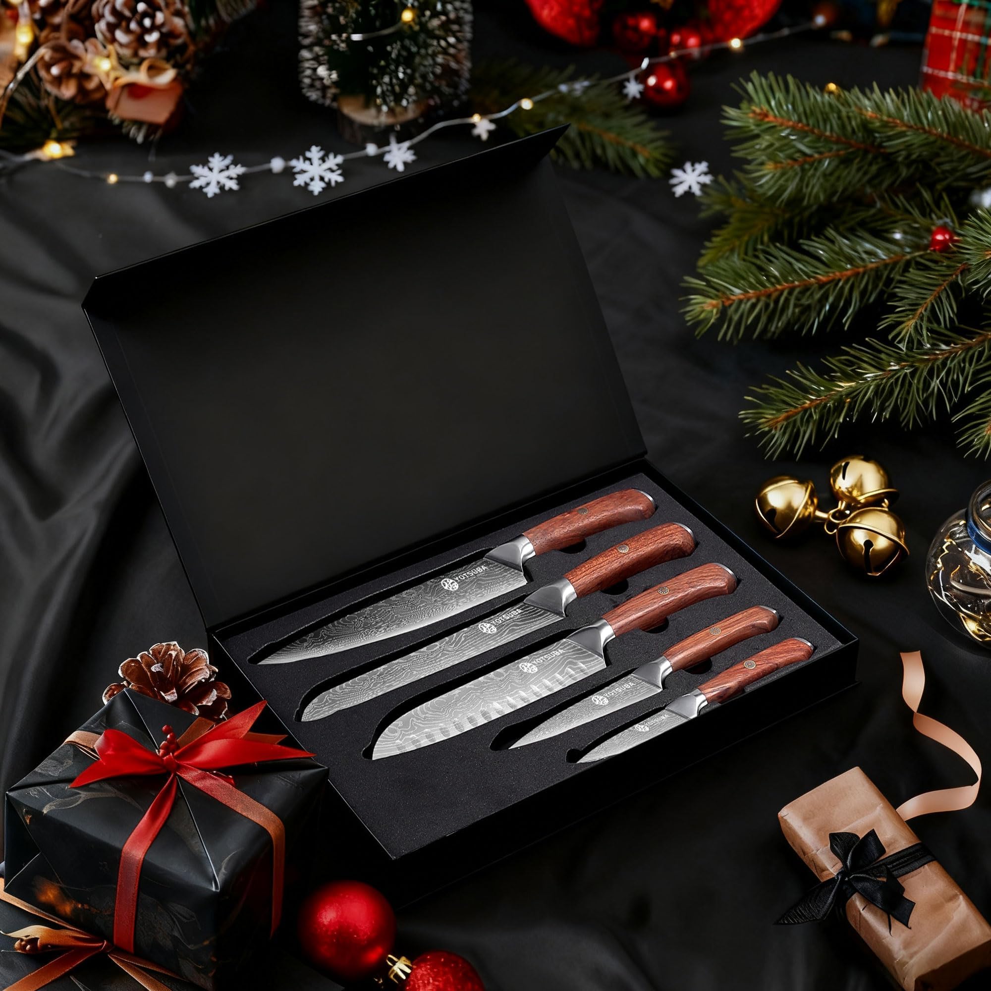 YOTSUBA Küchenmesser Set 5-teilig Messerset Scharf Küche aus hochwertigem Carbon Edelstahl, Ultra Scharfes Messerset mit Kochmesser, Brotmesser, Santokumesser, Allzweckmesser, Gemüsemesser