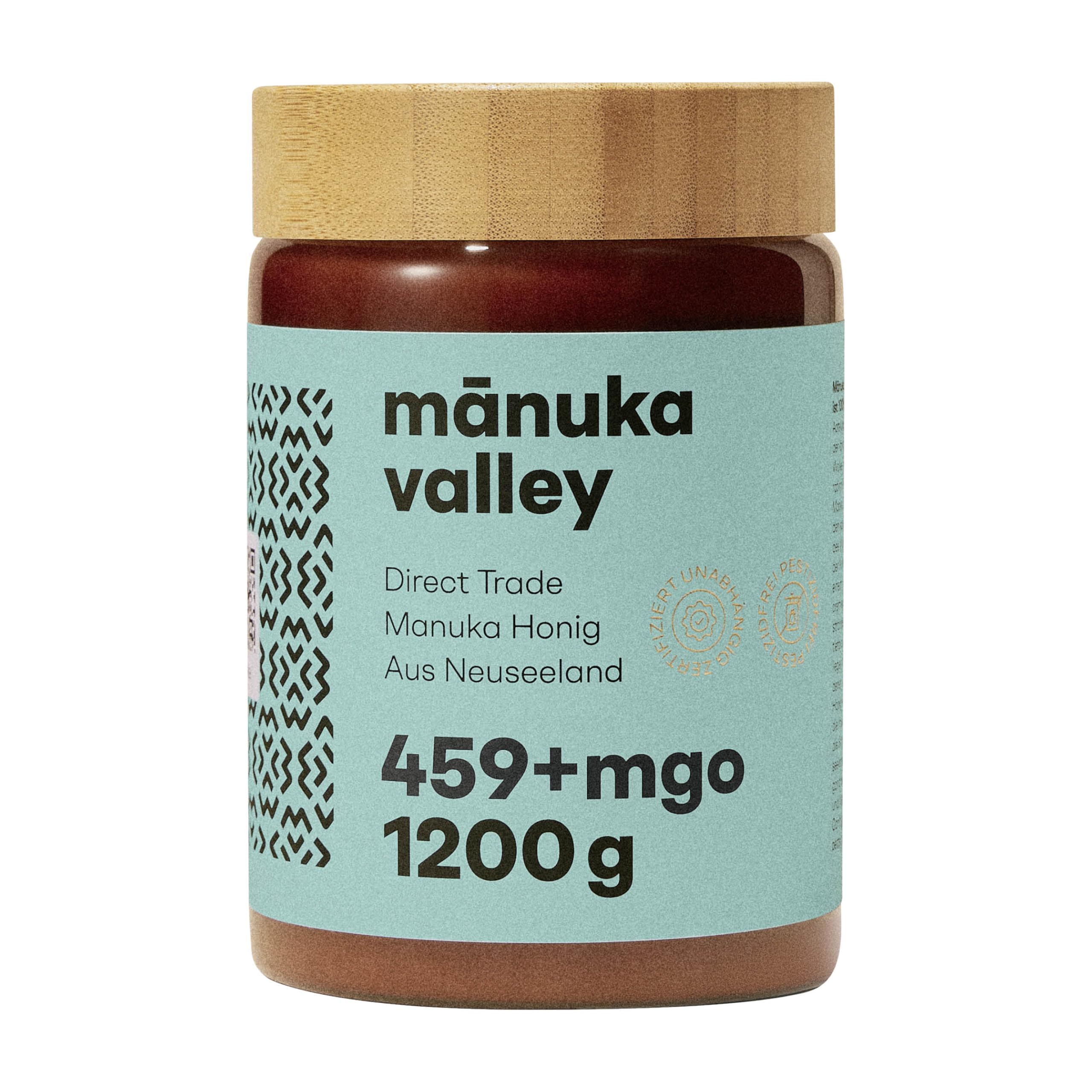 MANUKA VALLEY – Manuka Honig mit 459+ MGO im Glas. 1.200 g. Laborgeprüft und zertifiziert – 100 % natürlicher Manuka-Honig aus Neuseeland. Cremig, zart und mit subtiler, erdiger Note