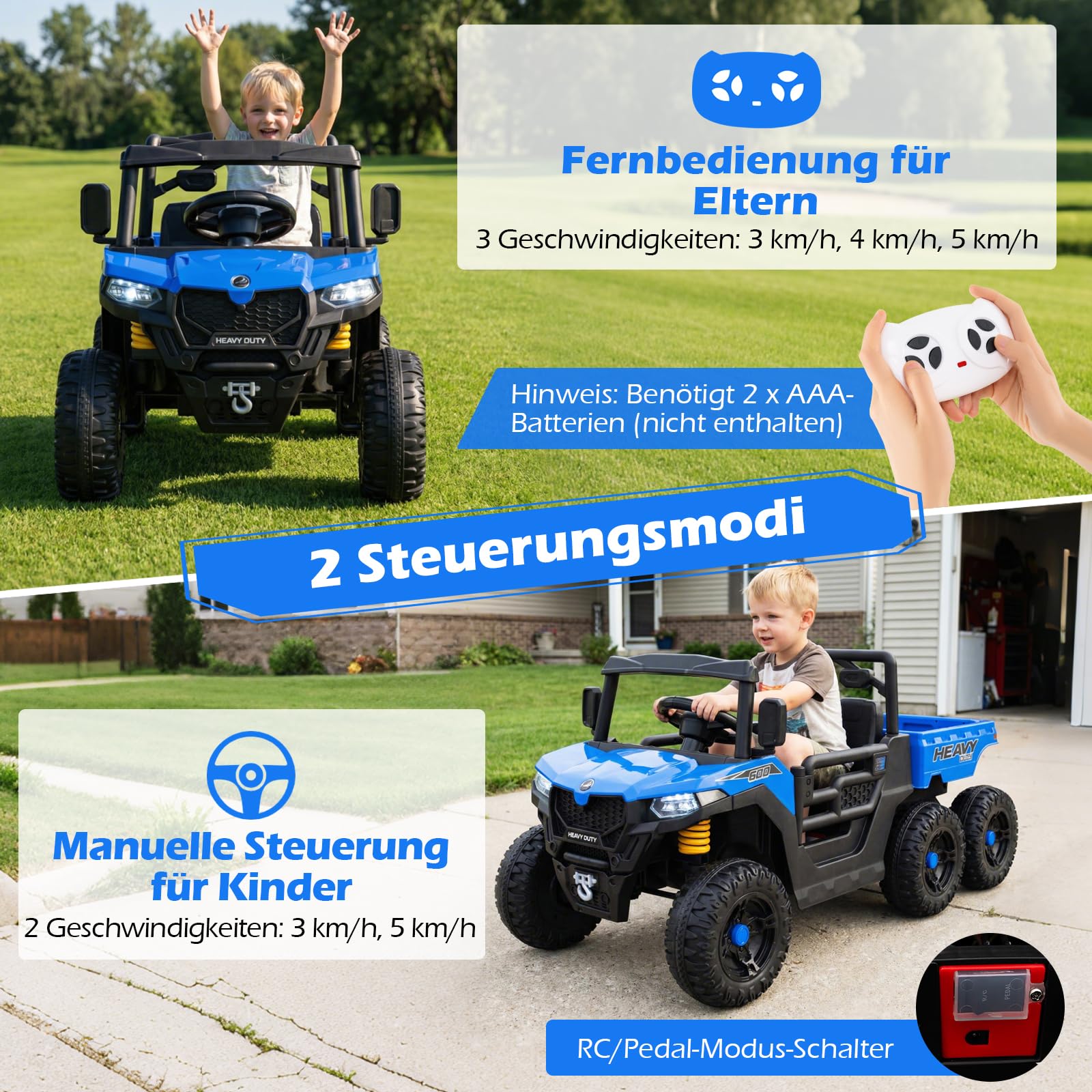 COSTWAY 24V Kinder Elektroauto, Kinderauto mit elektrischer Kippmulde & Fernbedienung, Kinderfahrzeug mit Musik, Geschichten, LED-Lichter & Federung, Elektrofahrzeuge für Kinder ab 3 Jahren (Blau)