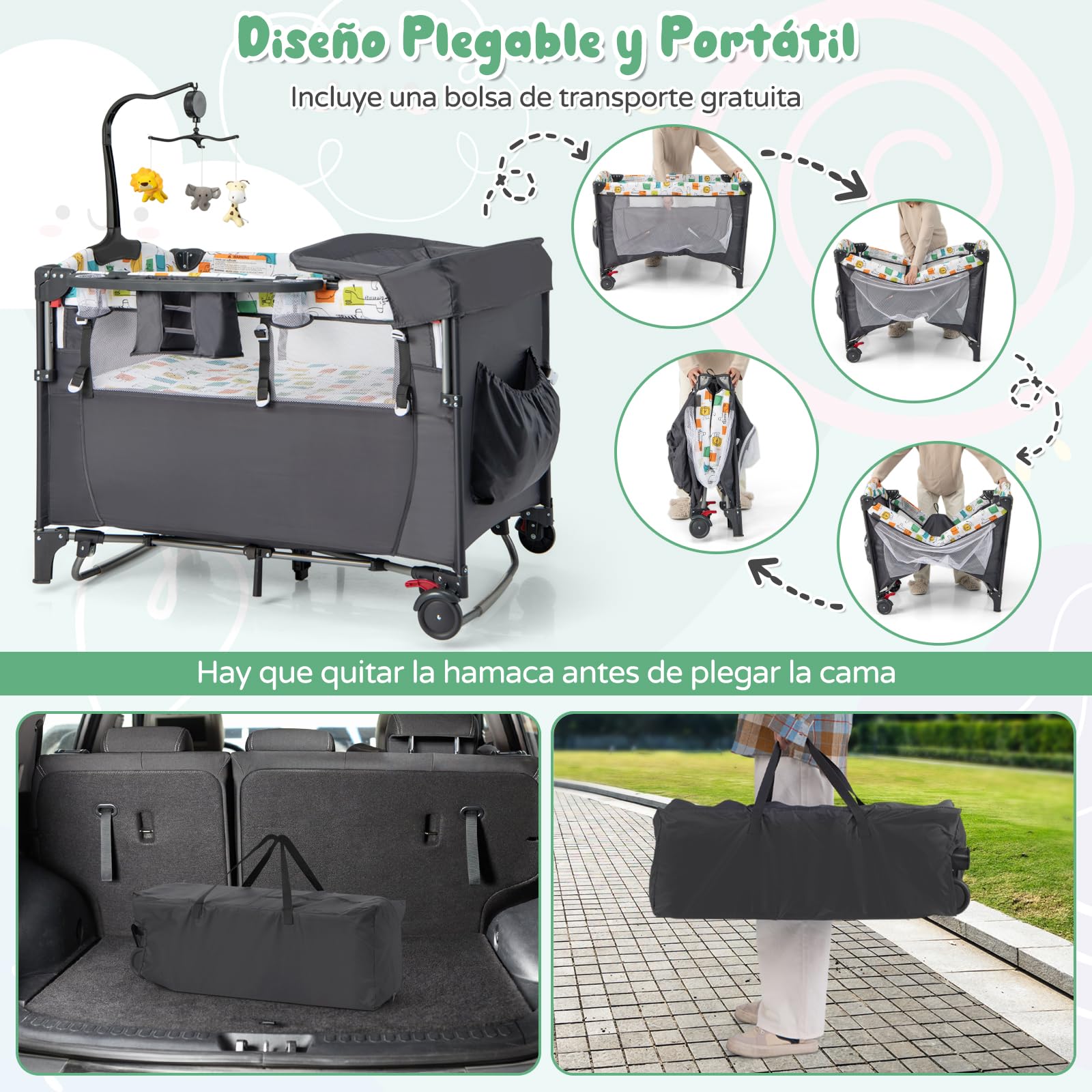 RELAX4LIFE 5 en 1 Cuna Bebé con Colchón, Cambiador, Juguete Colgante, Ruedas Bloqueables y Altura Ajustable en 4 Niveles, Cuna de Viaje para Niños 0-36 Meses (Gris)